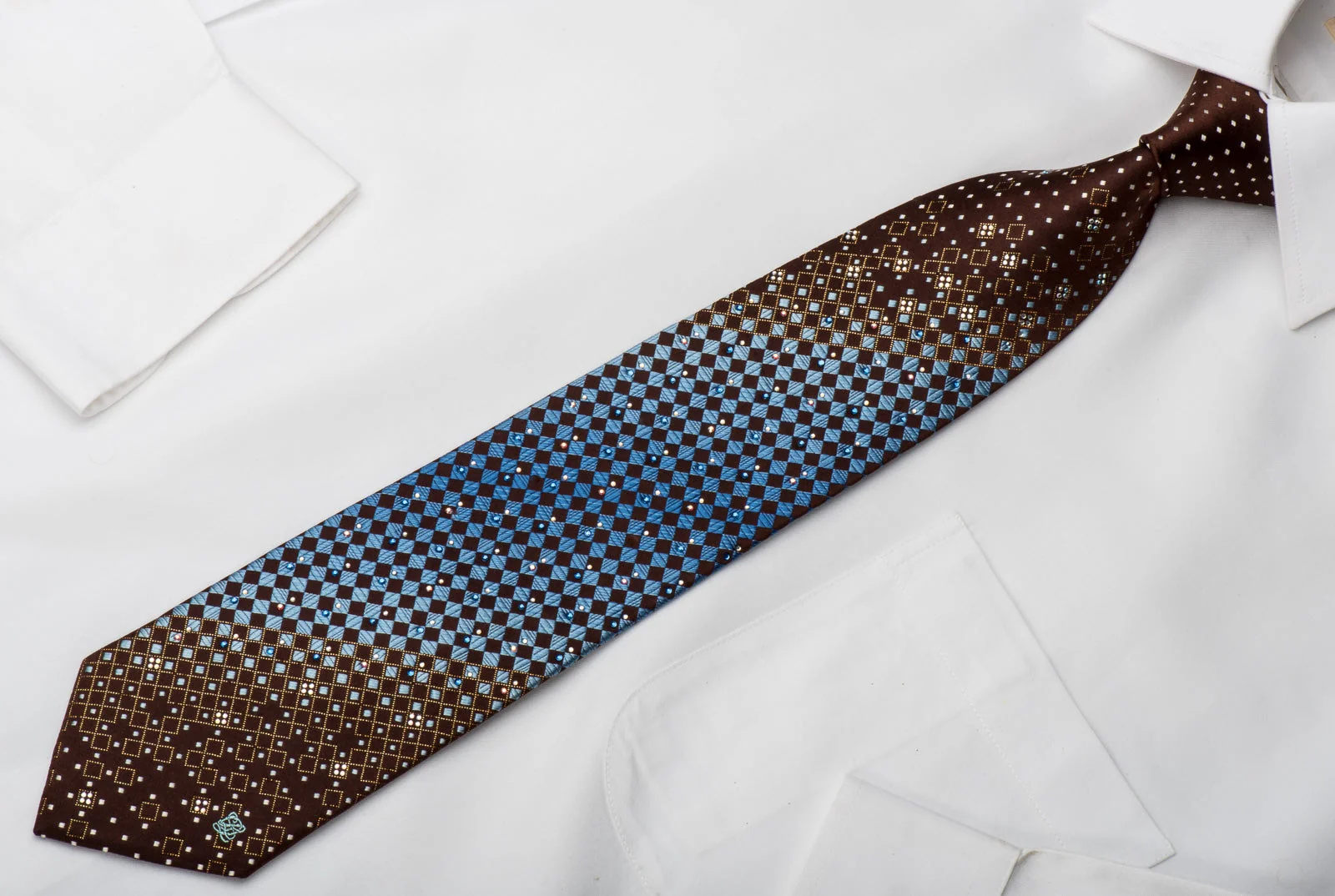 Louis Quatorze Rhinestone Necktie Blue Checker On Brown With Golden Sparkles - Image 4