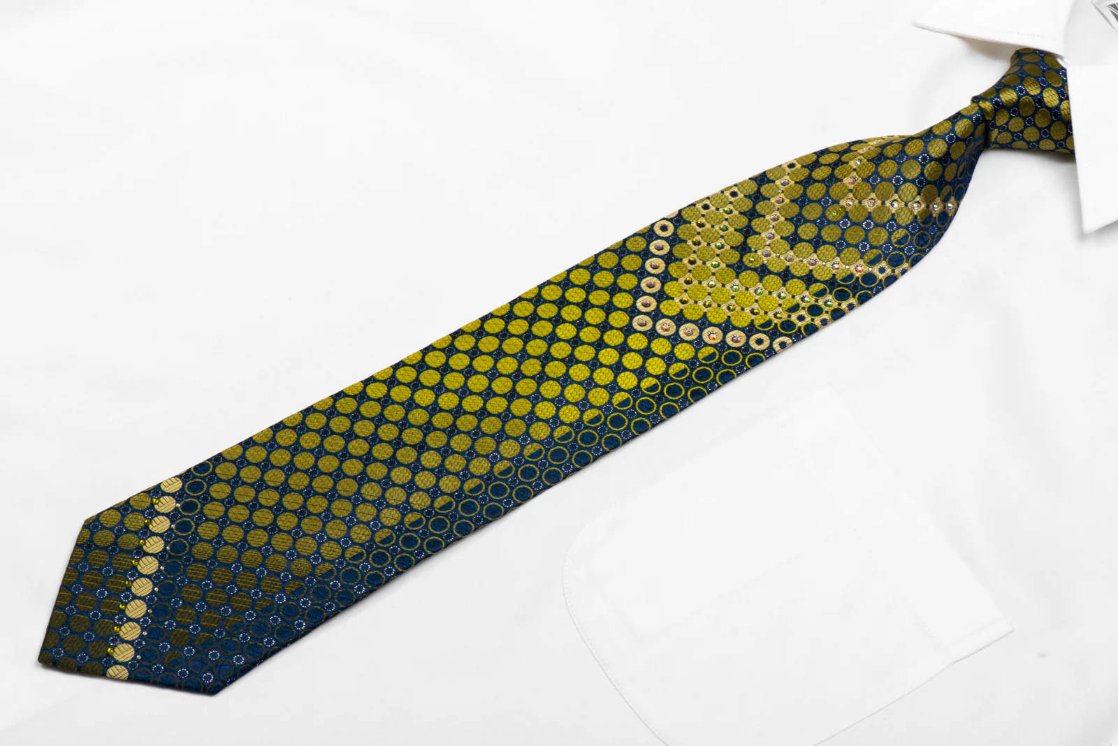 Louis Quatorze Rhinestone Silk Necktie Green Geometric On Navy With Silver Sparkles - Image 3