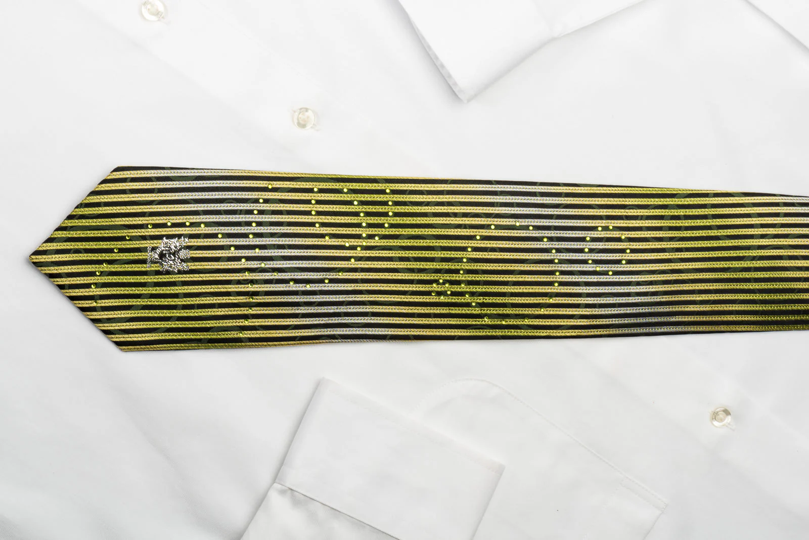 Louis Quatorze Rhinestone Silk Necktie Green Vertical Stripes On Black With Green Sparkles - Image 3