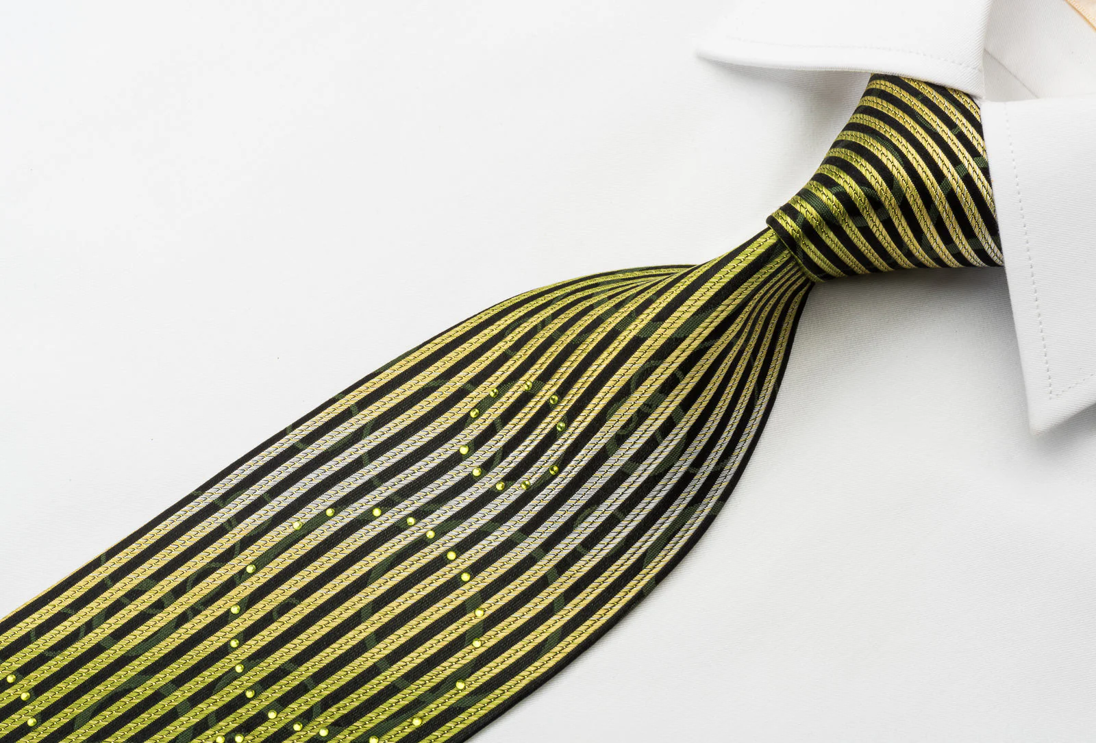 Louis Quatorze Rhinestone Silk Necktie Green Vertical Stripes On Black With Green Sparkles - Image 4