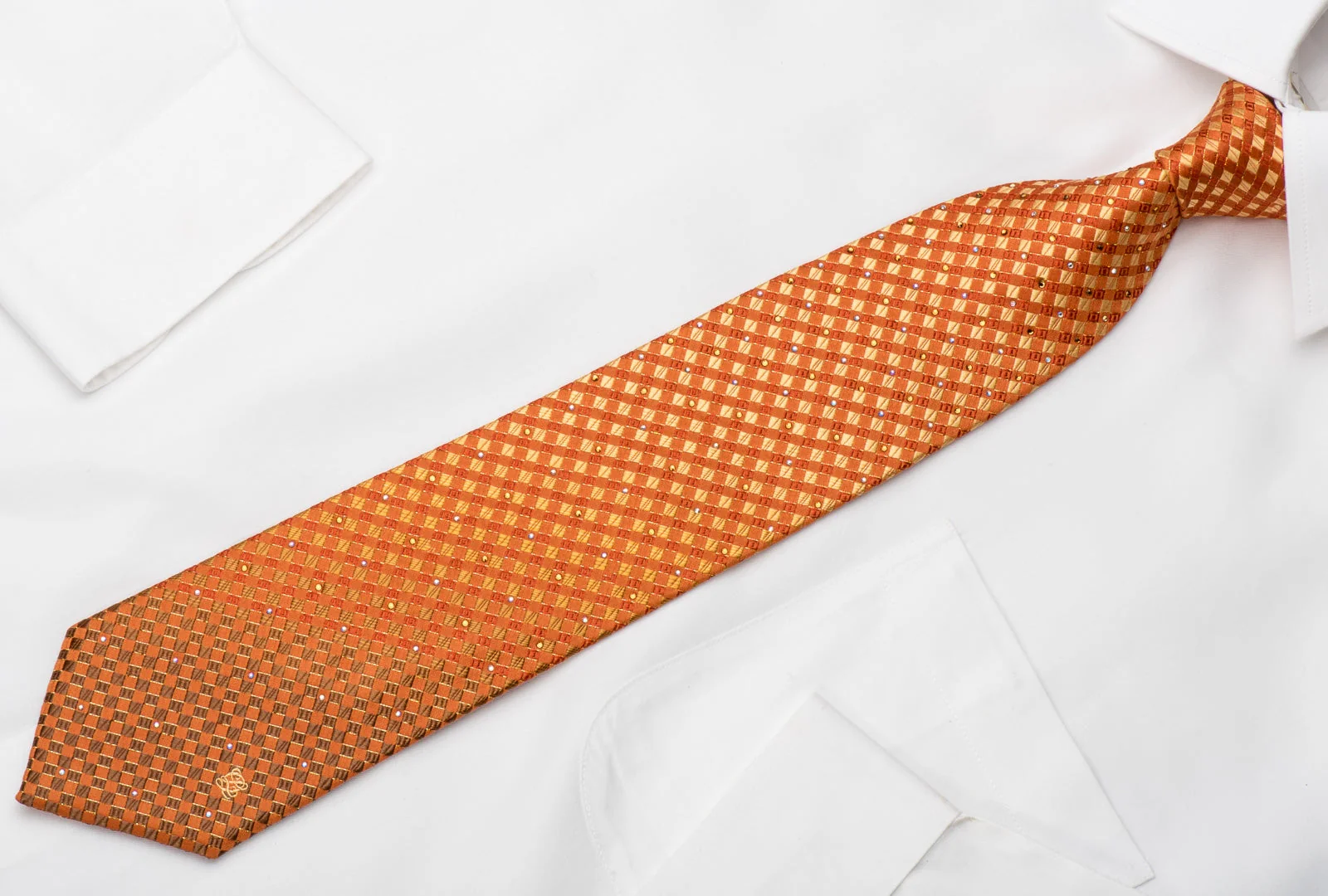 Louis Quatorze Rhinestone Silk Necktie Orange Yellow Checkered With Silver Sparkles - Image 3