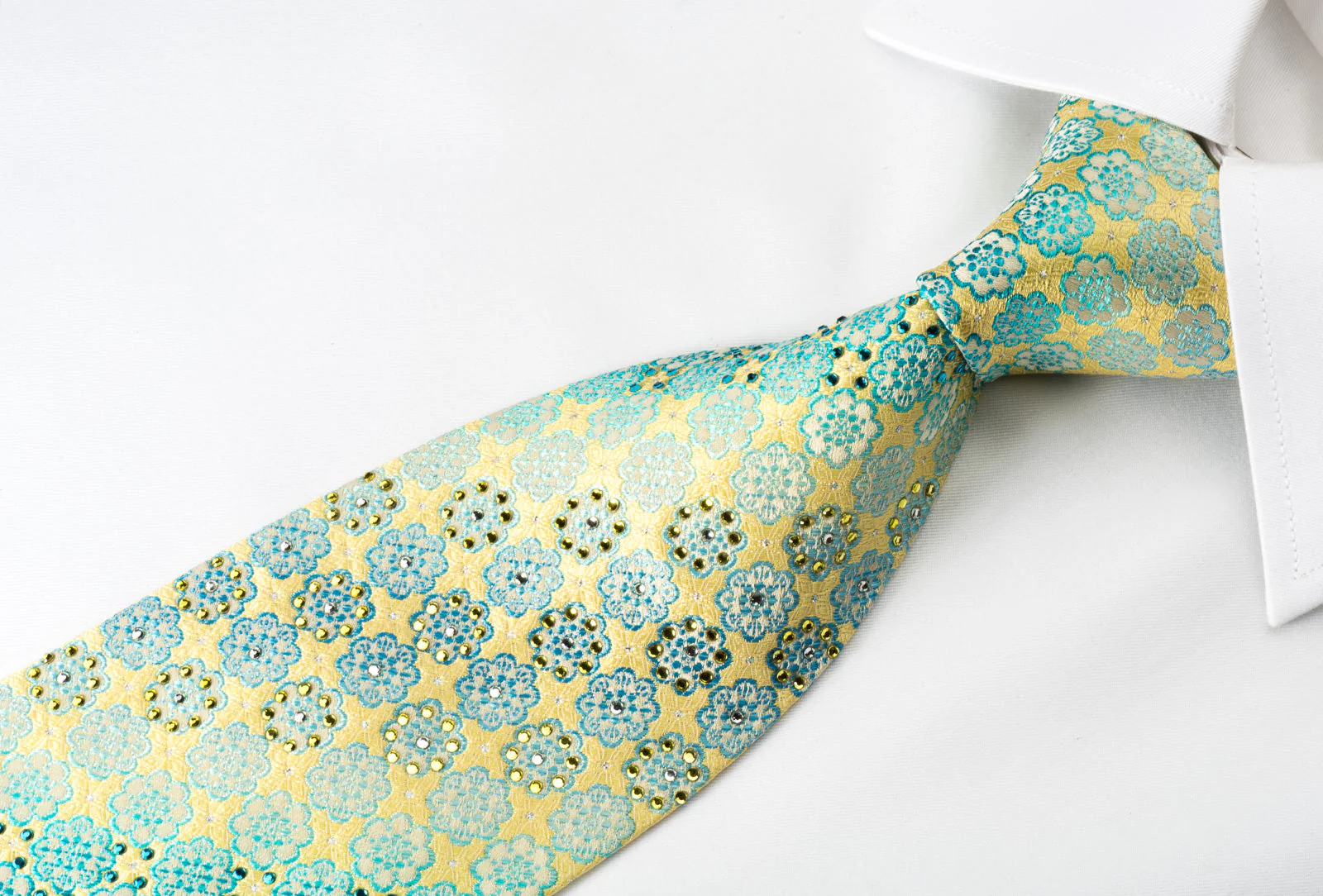 Louis Quatorze Rhinestone Silk Necktie Turquoise Foulard On Lime Green With Silver Sparkles - Image 4