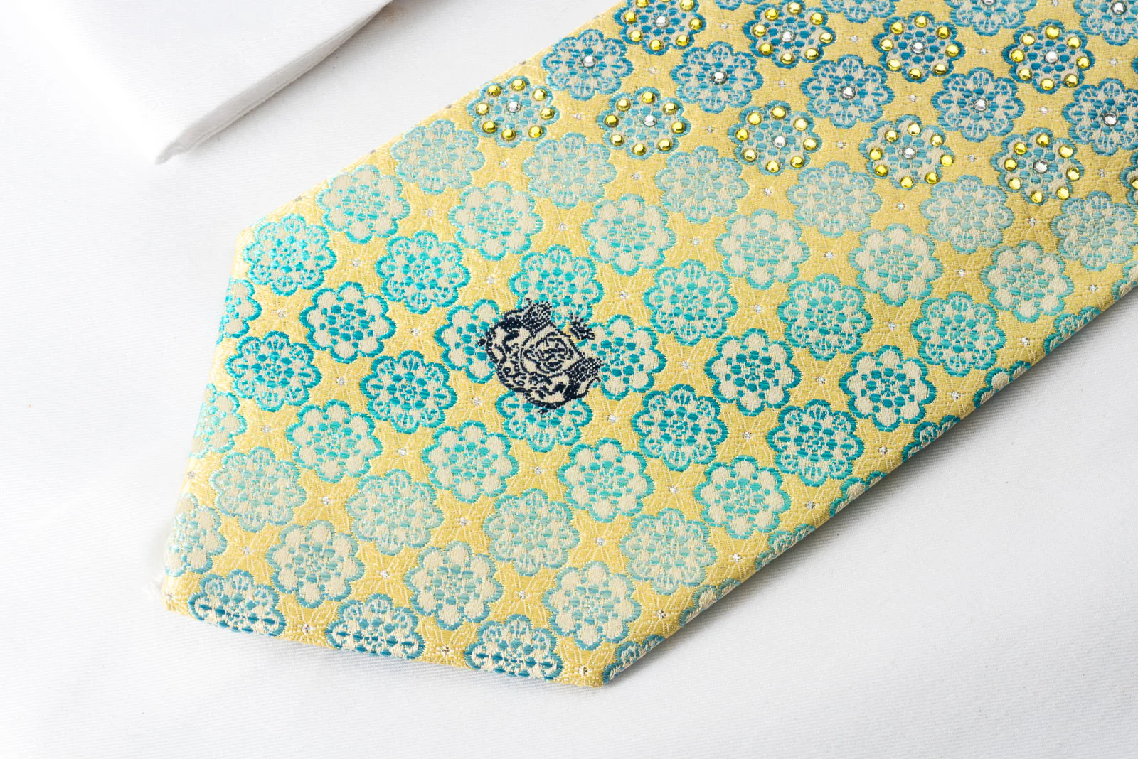 Louis Quatorze Rhinestone Silk Necktie Turquoise Foulard On Lime Green With Silver Sparkles - Image 8