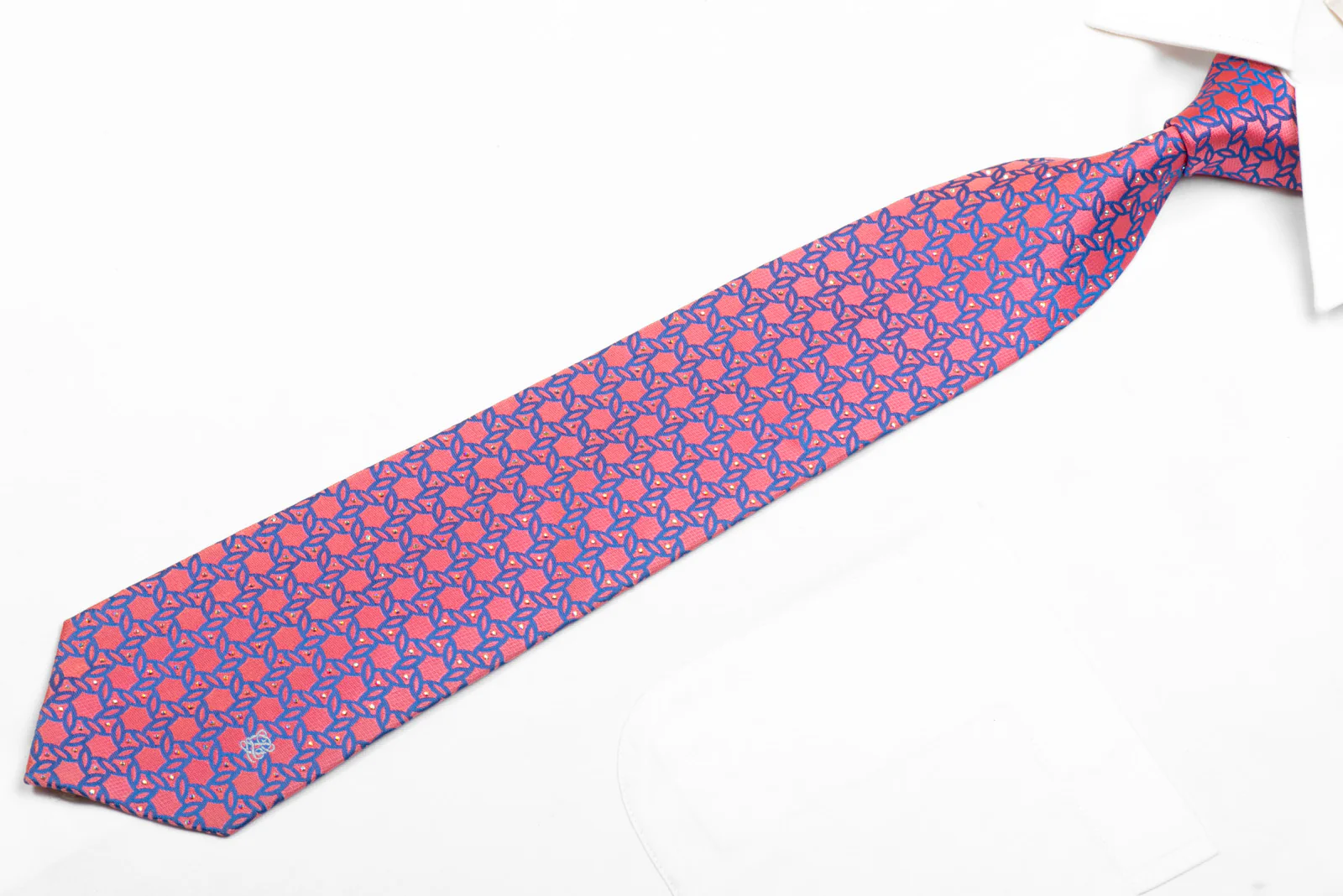 Louis Quatorze Rhinestone Silk Tie Blue Geometric On Pink - Image 3