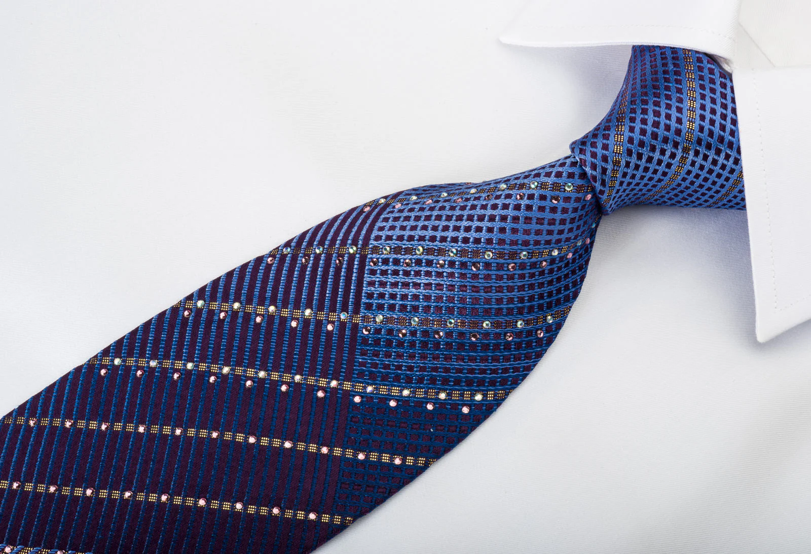 Louis Quatorze Rhinestone Silk Tie Sparkling Golden Striped On Blue Purple - Image 2