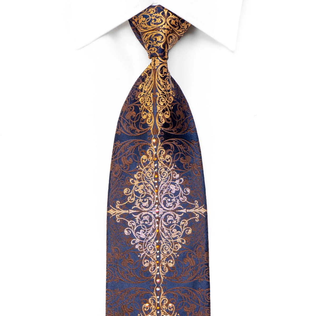 Louis Quatorze Rhinestone Tie Brown Orange Damask On Navy With Silver Sparkles