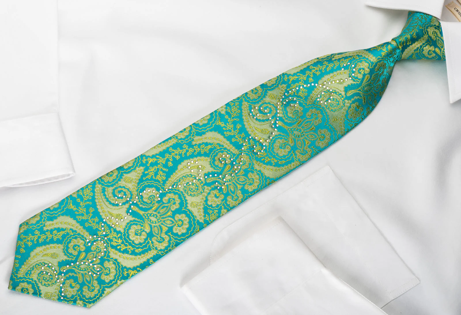Louis Quatorze Silk Necktie Anthemion Paisley On Turquoise With Rhinestones - Image 2
