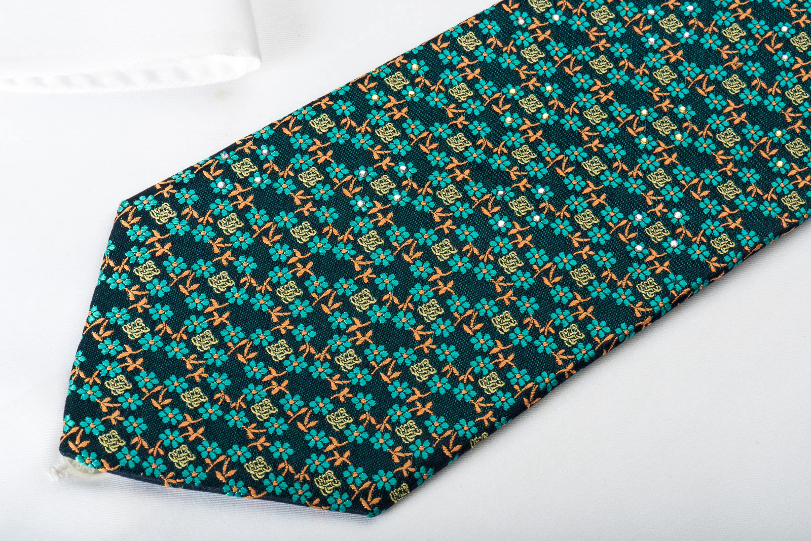 Louis Quatorze Silk Necktie Floral On Turquoise Sparkling With Rhinestones - Image 3