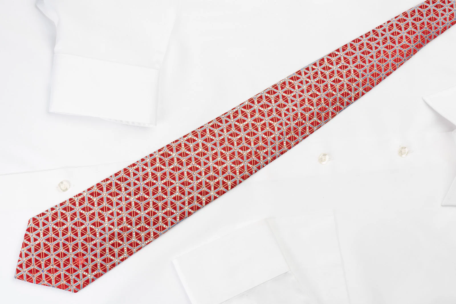Louis Quatorze Silk Rhinestone Necktie Silver Trellis On Red With Gold Sparkles - Image 6