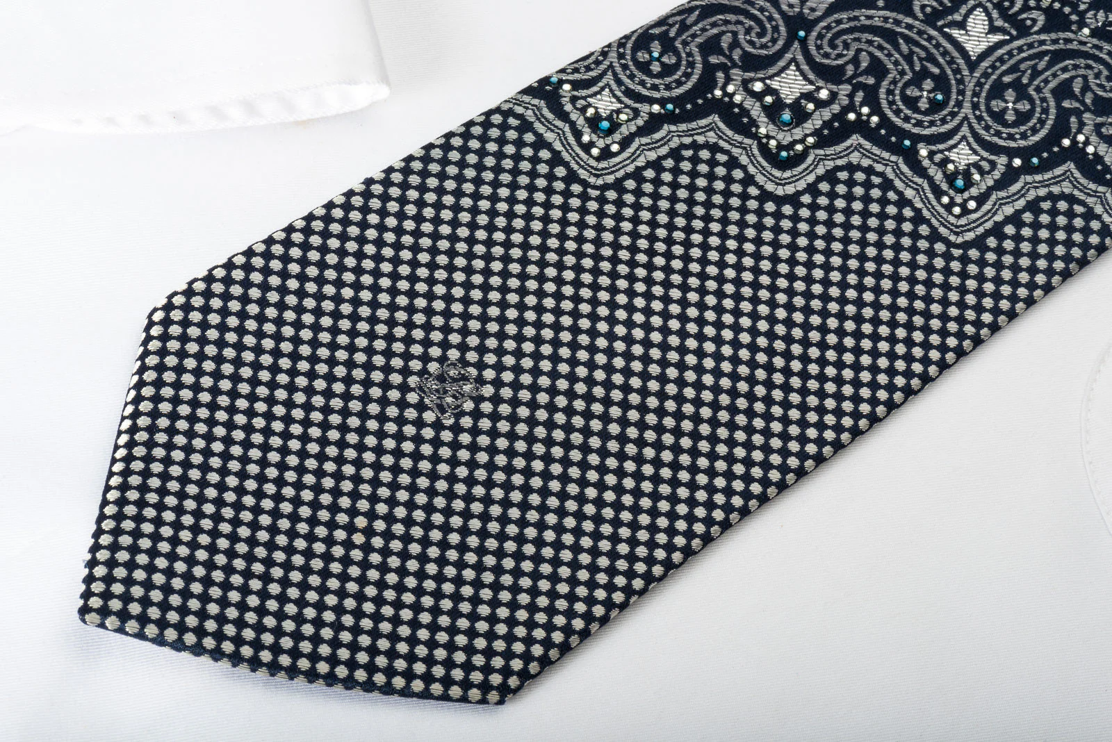 Louis Quatorze Silk Rhinestone Tie Silver Cartouche On Black With Silver Sparkles - Image 4