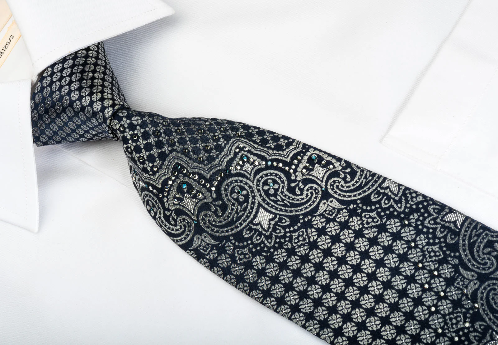 Louis Quatorze Silk Rhinestone Tie Silver Cartouche On Black With Silver Sparkles - Image 6