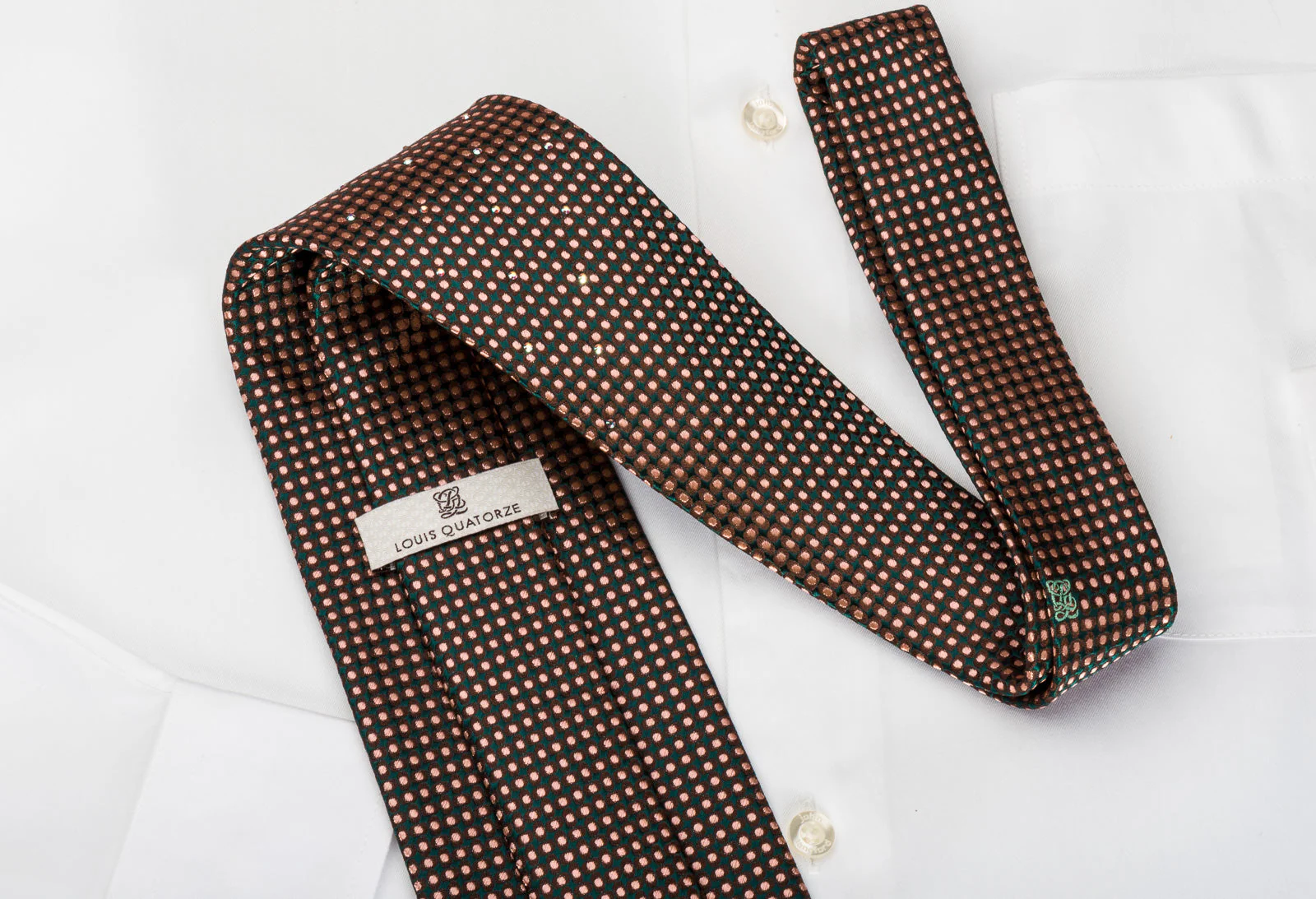 Louis Quatorze Silk Tie Orange Micro Dots On Brown Green With Rhinestones - Image 5
