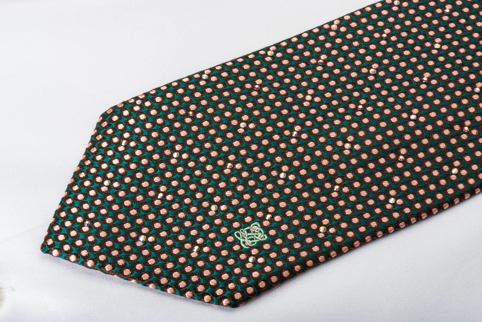 Louis Quatorze Silk Tie Orange Micro Dots On Brown Green With Rhinestones - Image 6