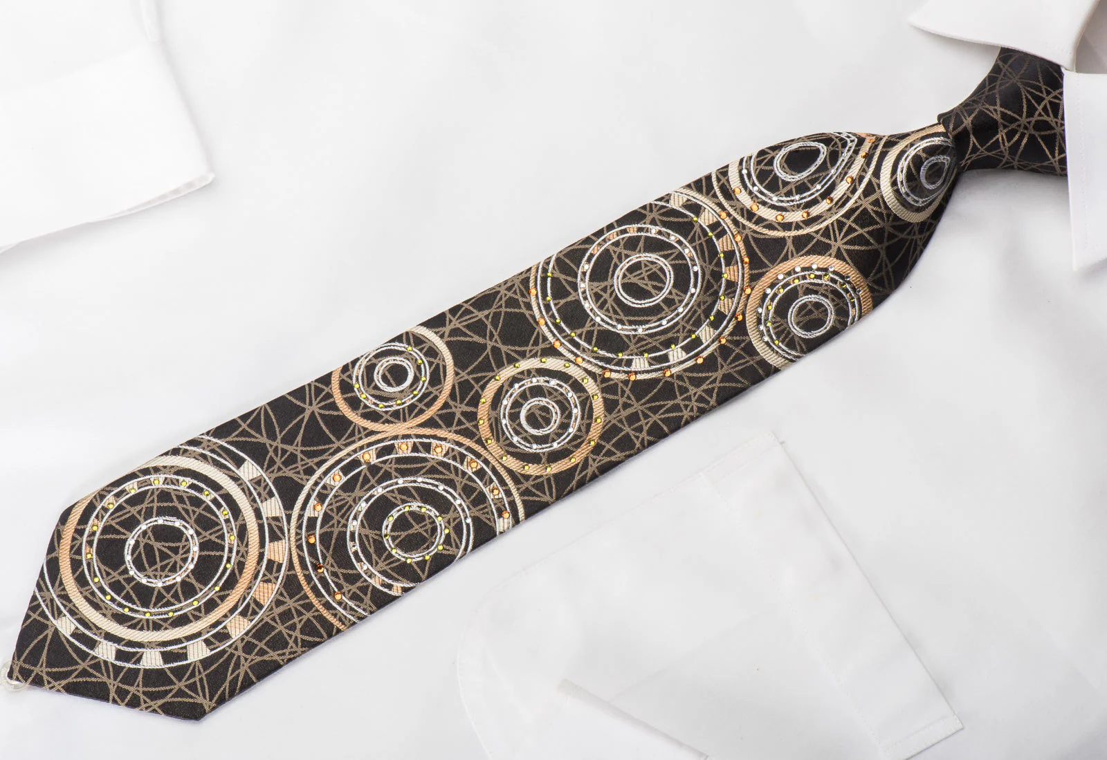 Louis Quatorze Silk Tie Swarovski  Rhinestones & Geometric Design On Dark Brown - Image 2