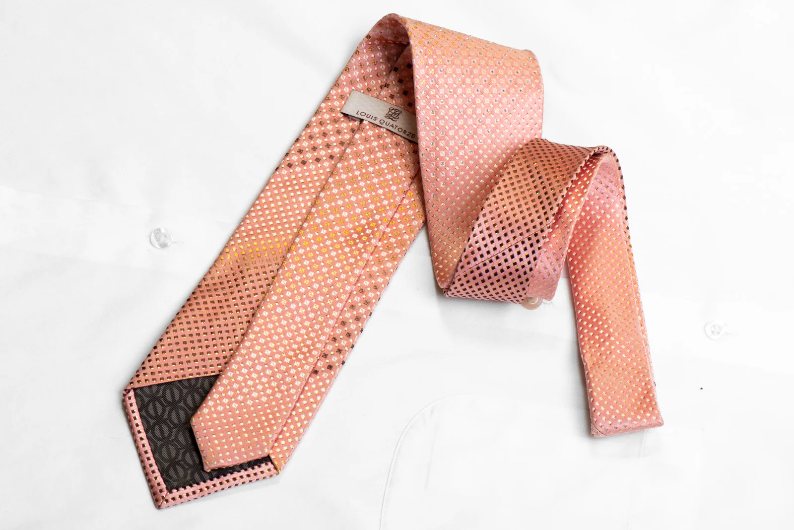 Silk Tie Yellow Geometric On Paech Pink With Rhinestones & Sparkles - Image 4