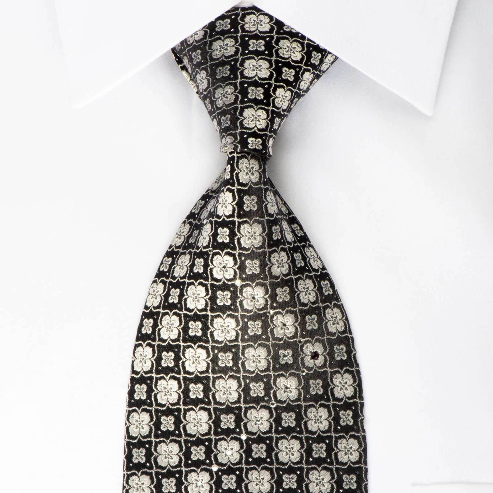Louis Quatorze Swarovski Rhinestone Necktie Silver Foulard Trellis On Black With Silver Sparkles
