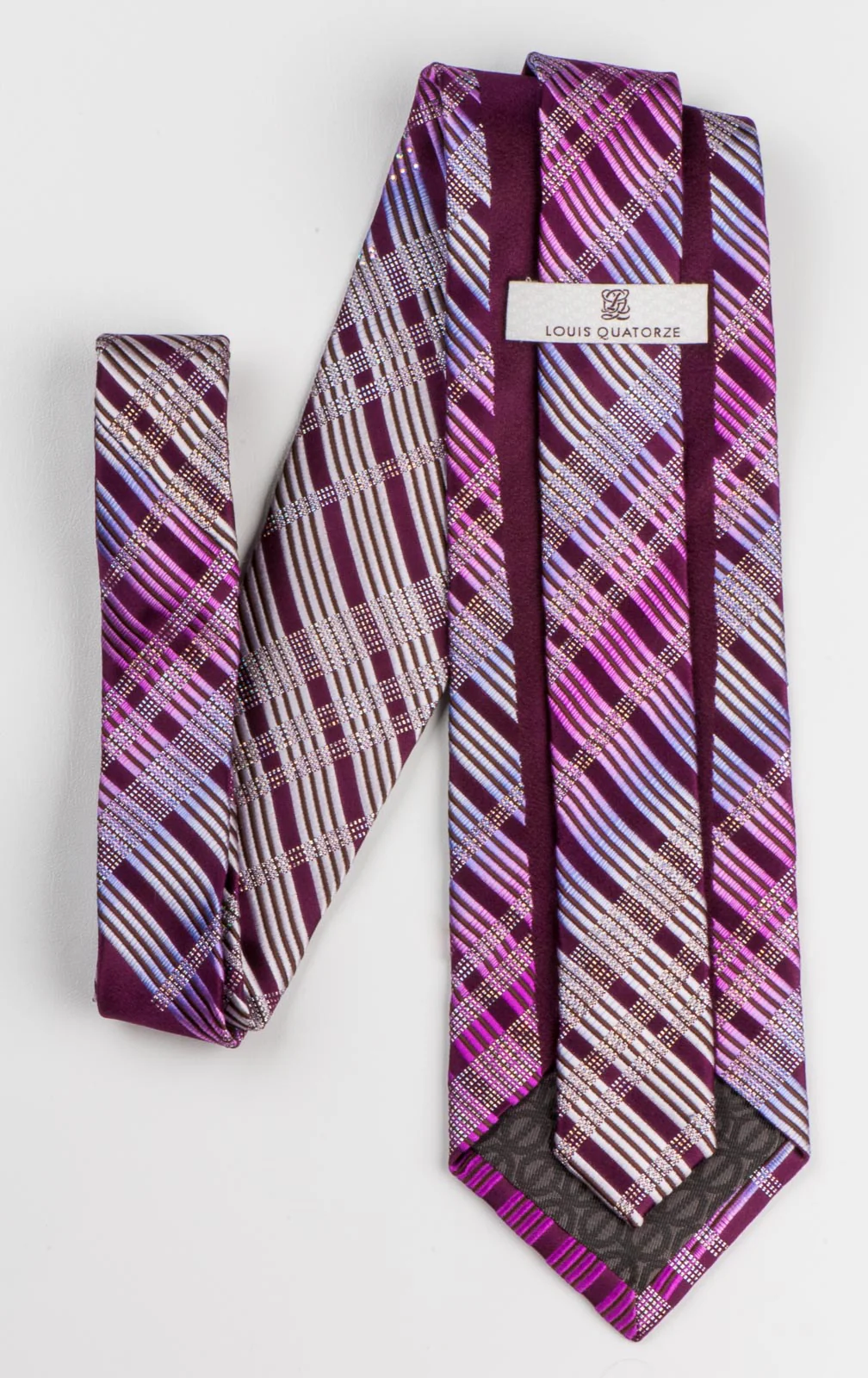 Louis Quatorze Woven Silk Neck Tie Purple Silver Checked With Rhinestones - Image 3