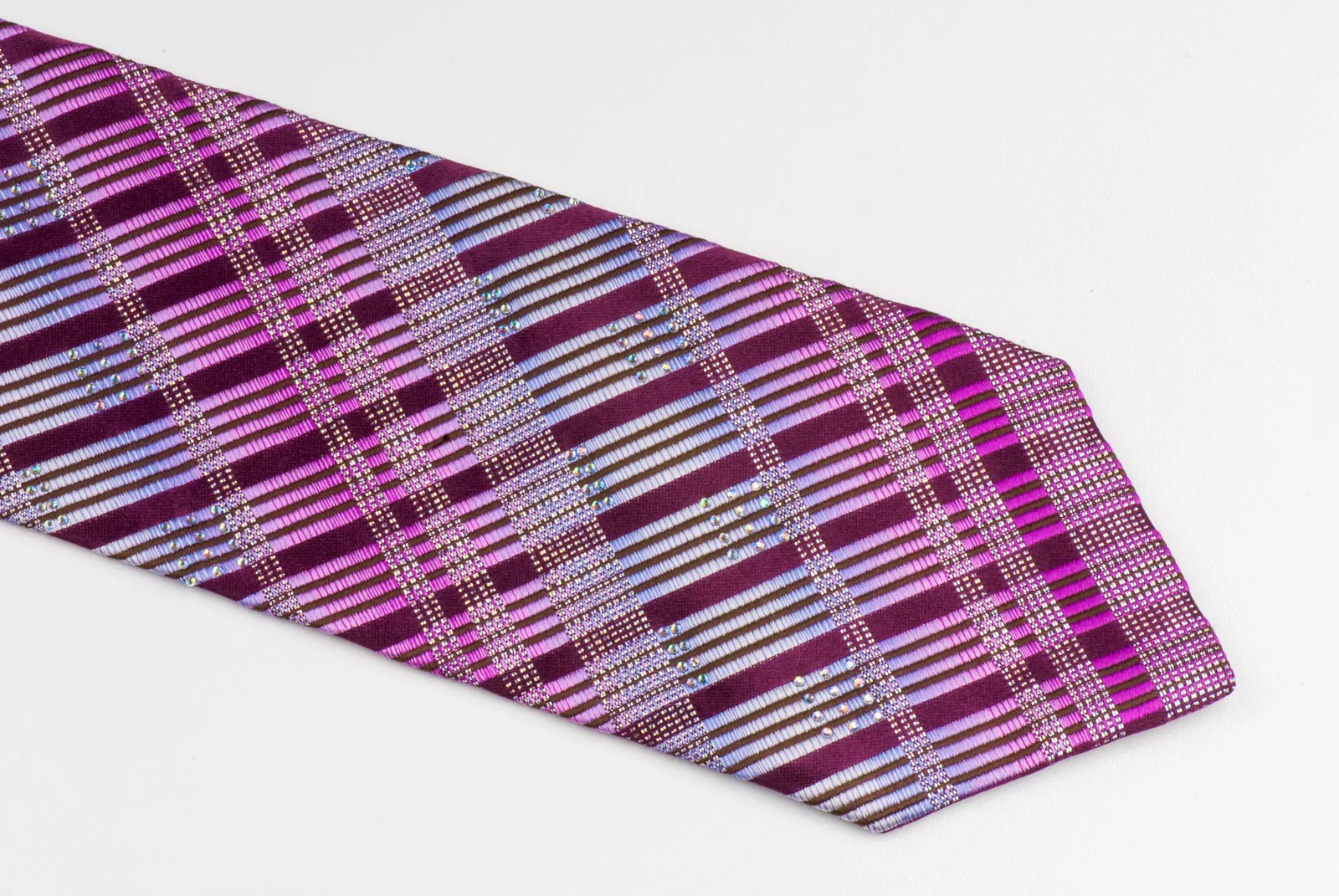 Louis Quatorze Woven Silk Neck Tie Purple Silver Checked With Rhinestones - Image 5