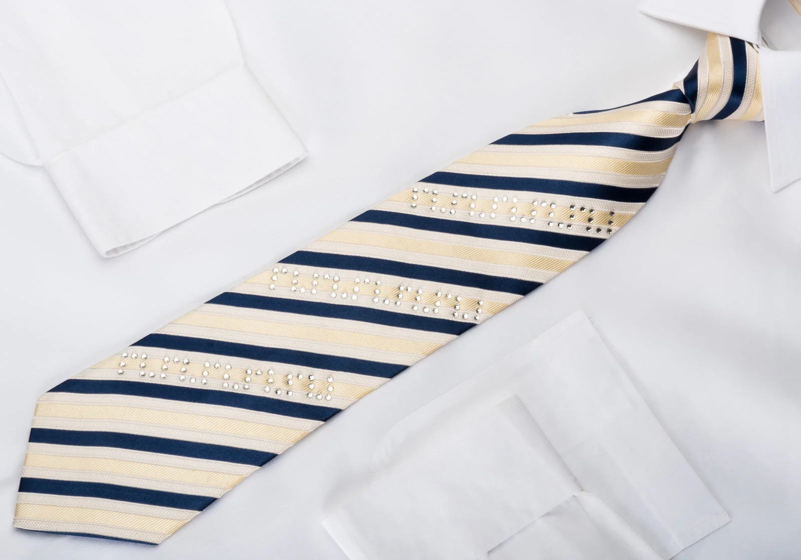 Luccini Men's Silk Necktie Ivory Blue Striped Sparkling With Rhinestones - Image 3