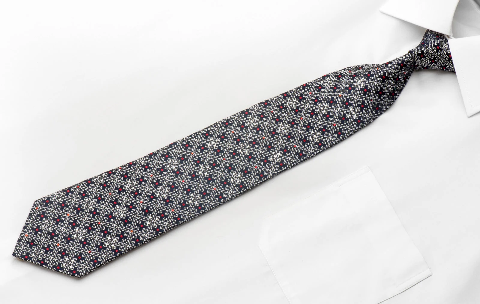 Lucien Homme Mens Silk Rhinestone Tie Silver Geometric On Navy With Silver Sparkles - Image 3