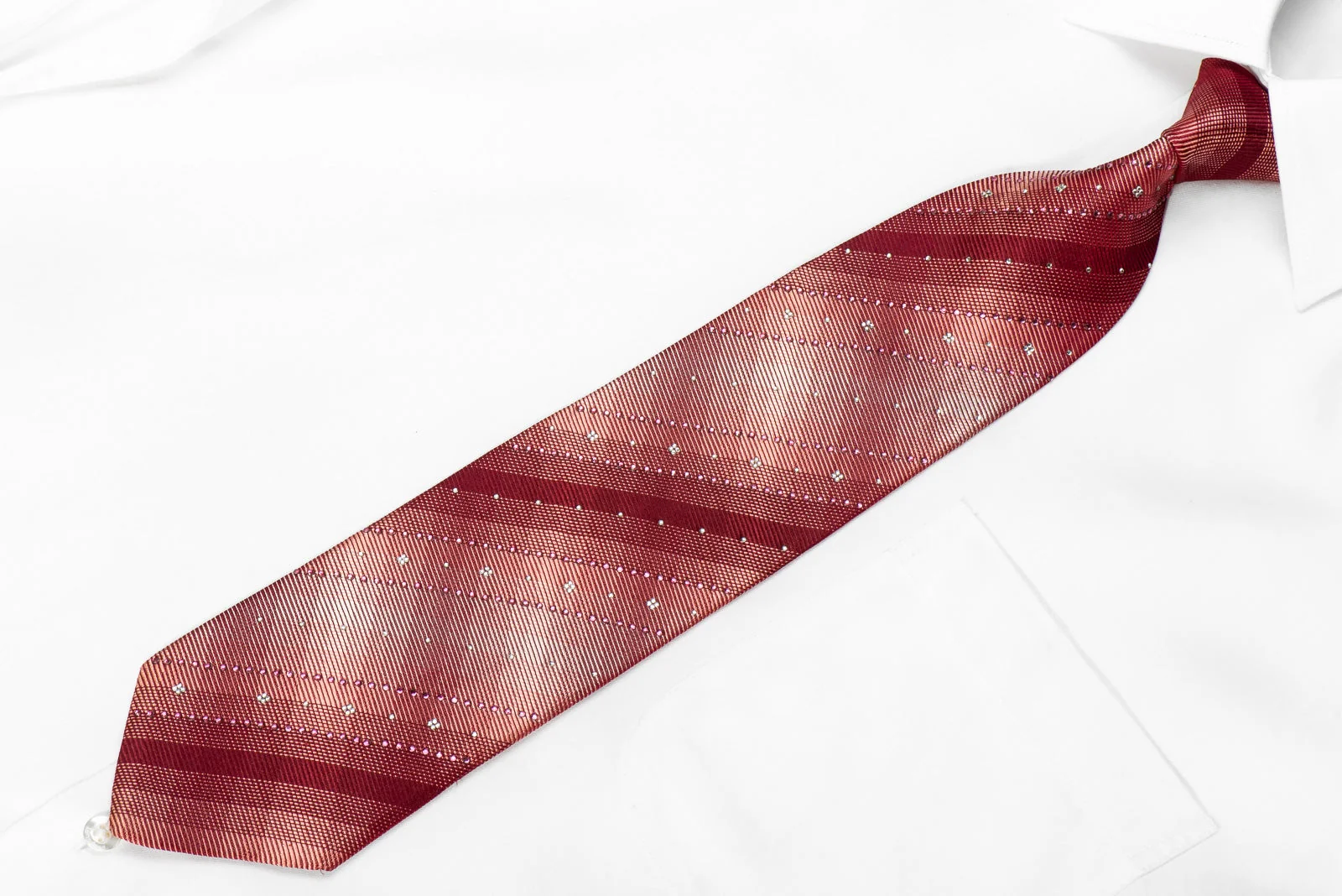 M. Clou Mens Crystal Silk Necktie Geometric On Burgundy Sparkling With Rhinestones - Image 3