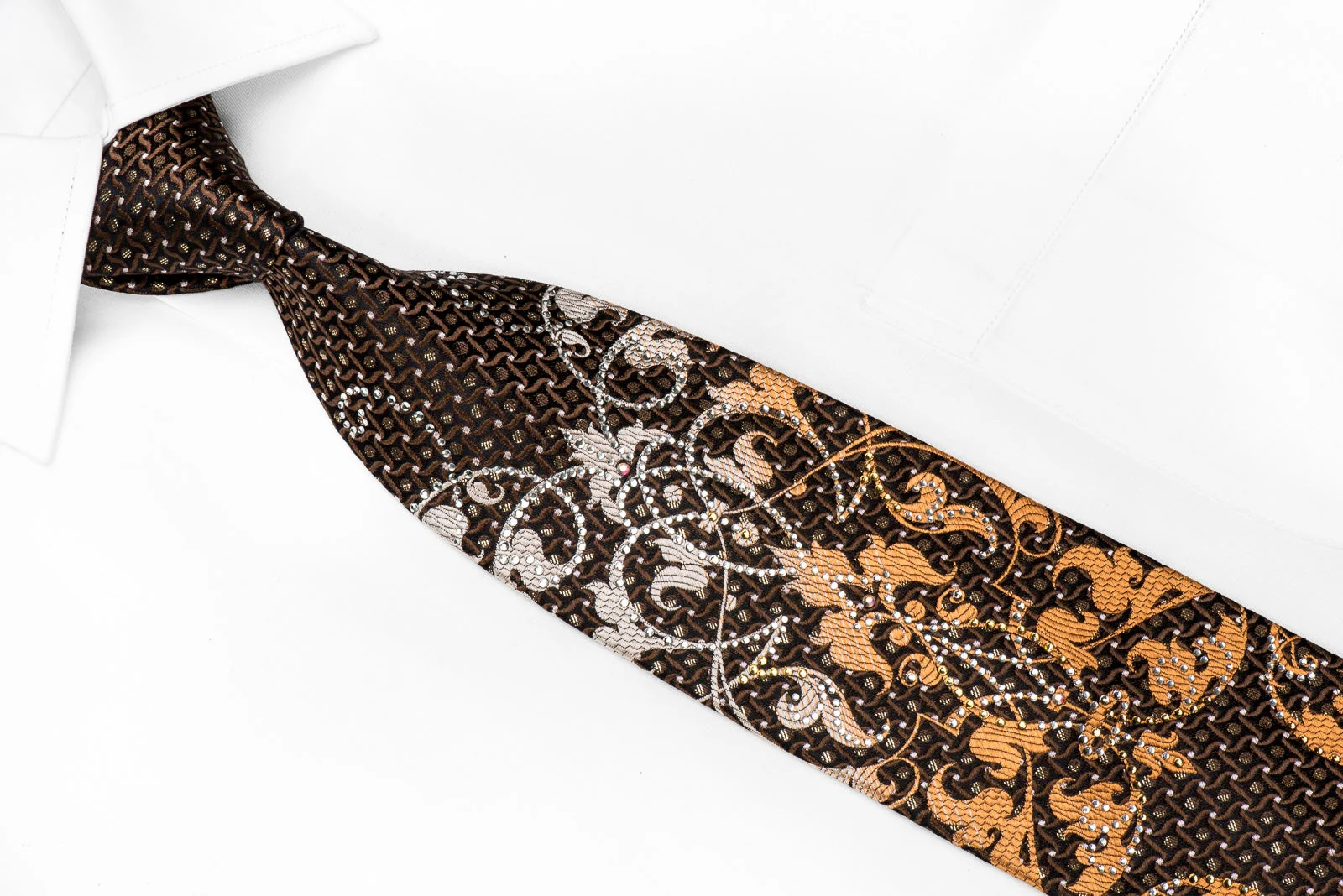 M Story Men's Crystal Silk Necktie Silver Orange Damask On Black With Sparkles - Image 2