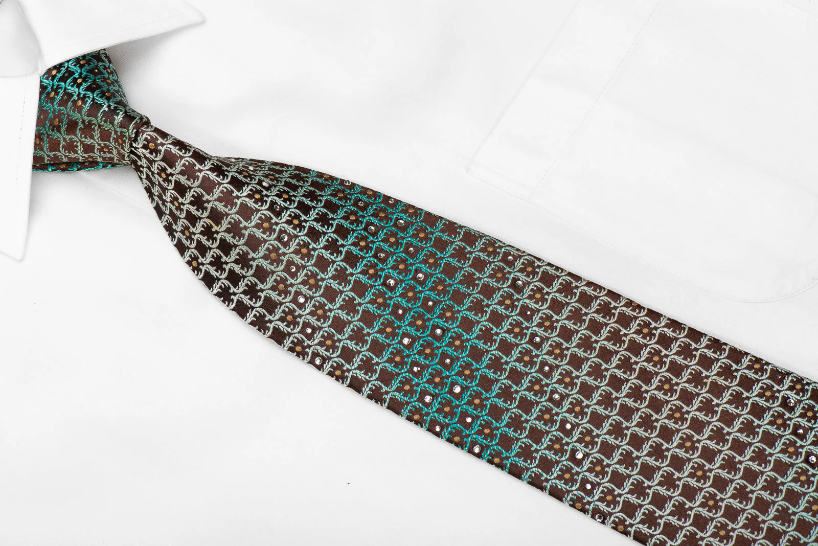 Maestro Men's Crystal Rhinestone Silk Necktie Teal Cartouche On Brown - Image 2