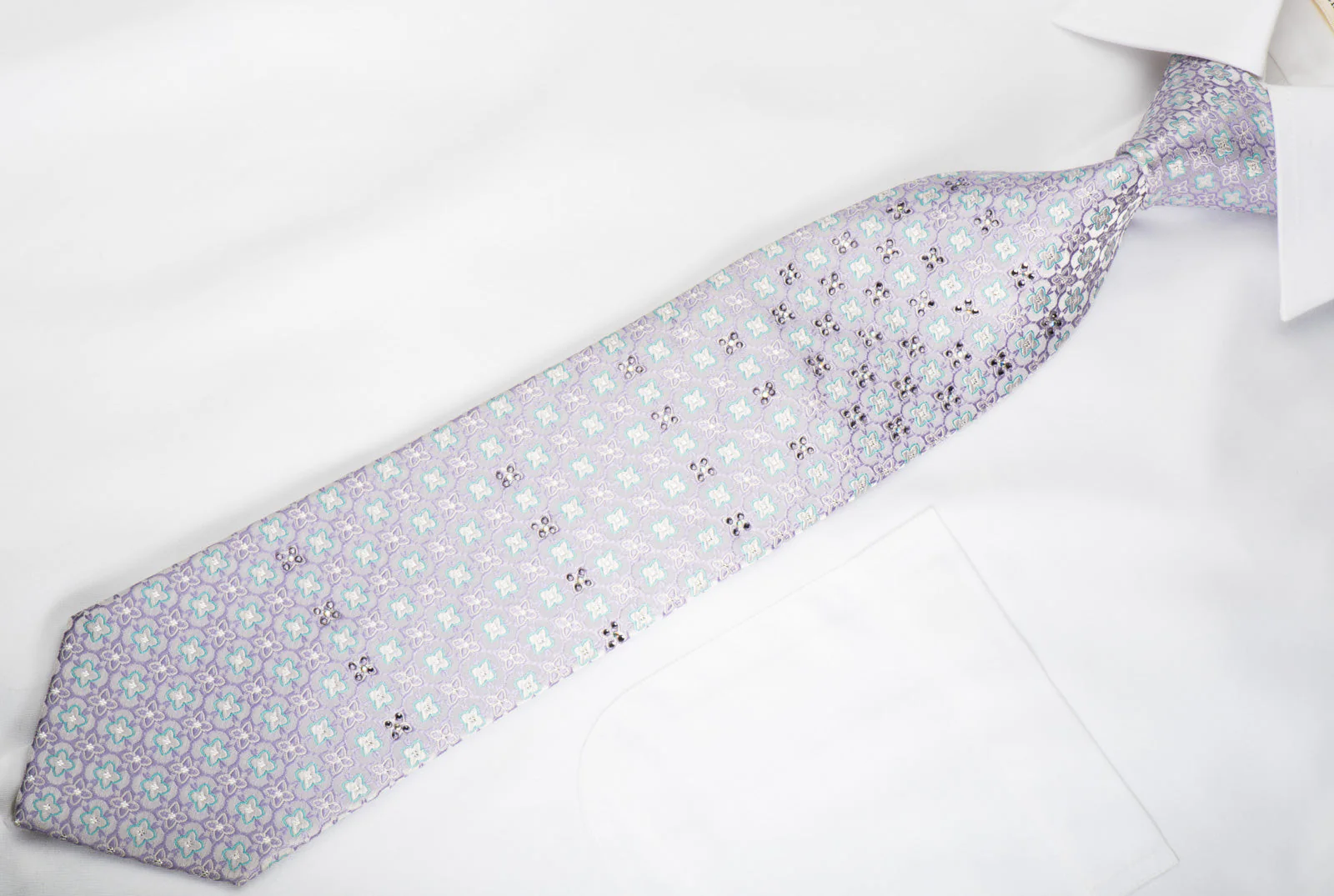 Maestro Rhinestone Silk Necktie Foulard Floral On Mauve With Silver Sparkles - Image 4