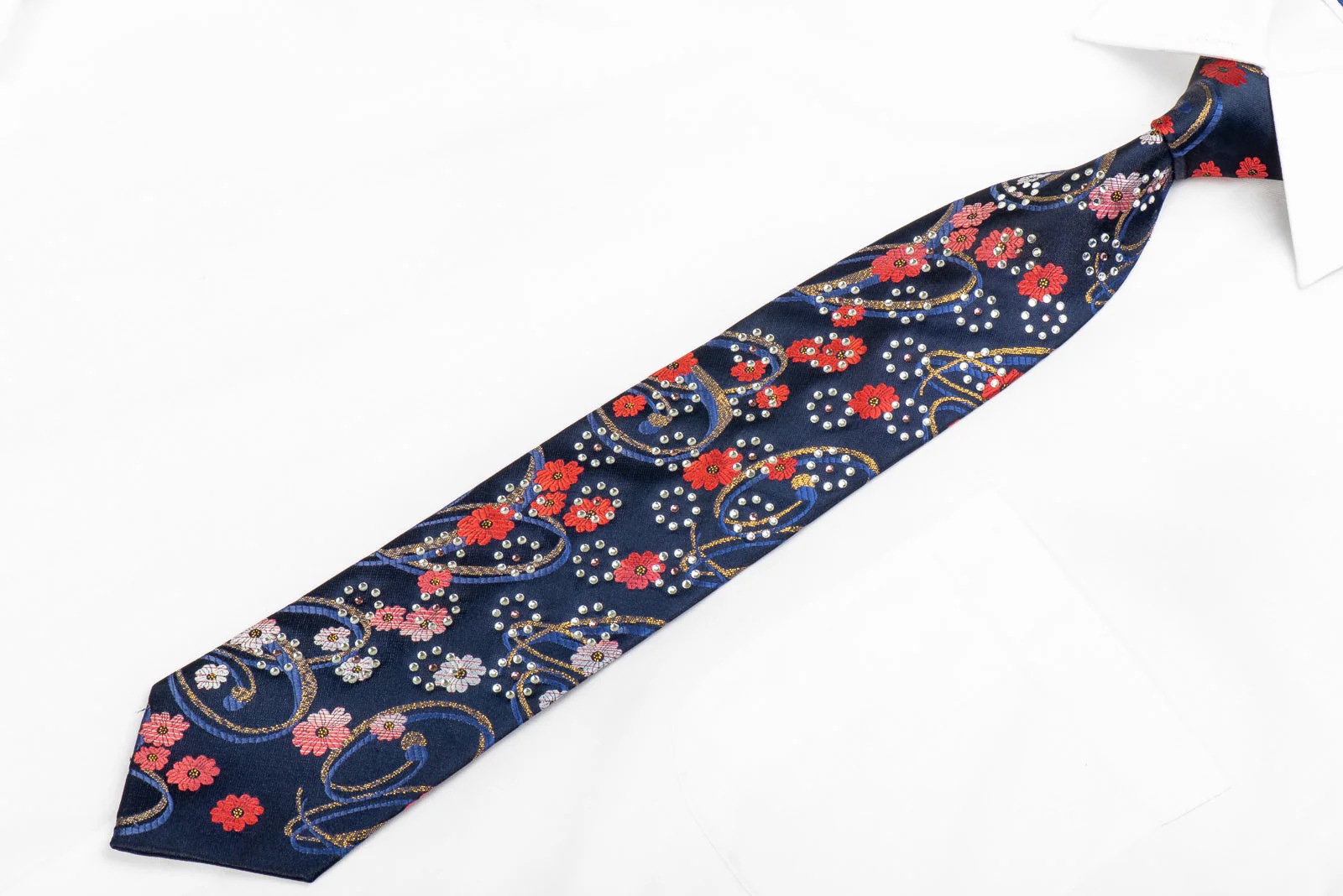 Man Road Men's Rhinestone Tie Floral & Scrolls On Navy - Image 3