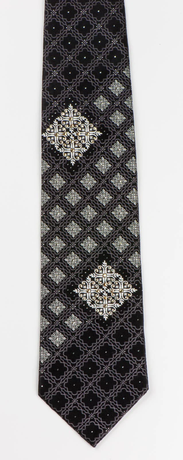 Manhatten Men's Silk Neck Tie Silver Cartouche On Black With Rhinestones - Image 7