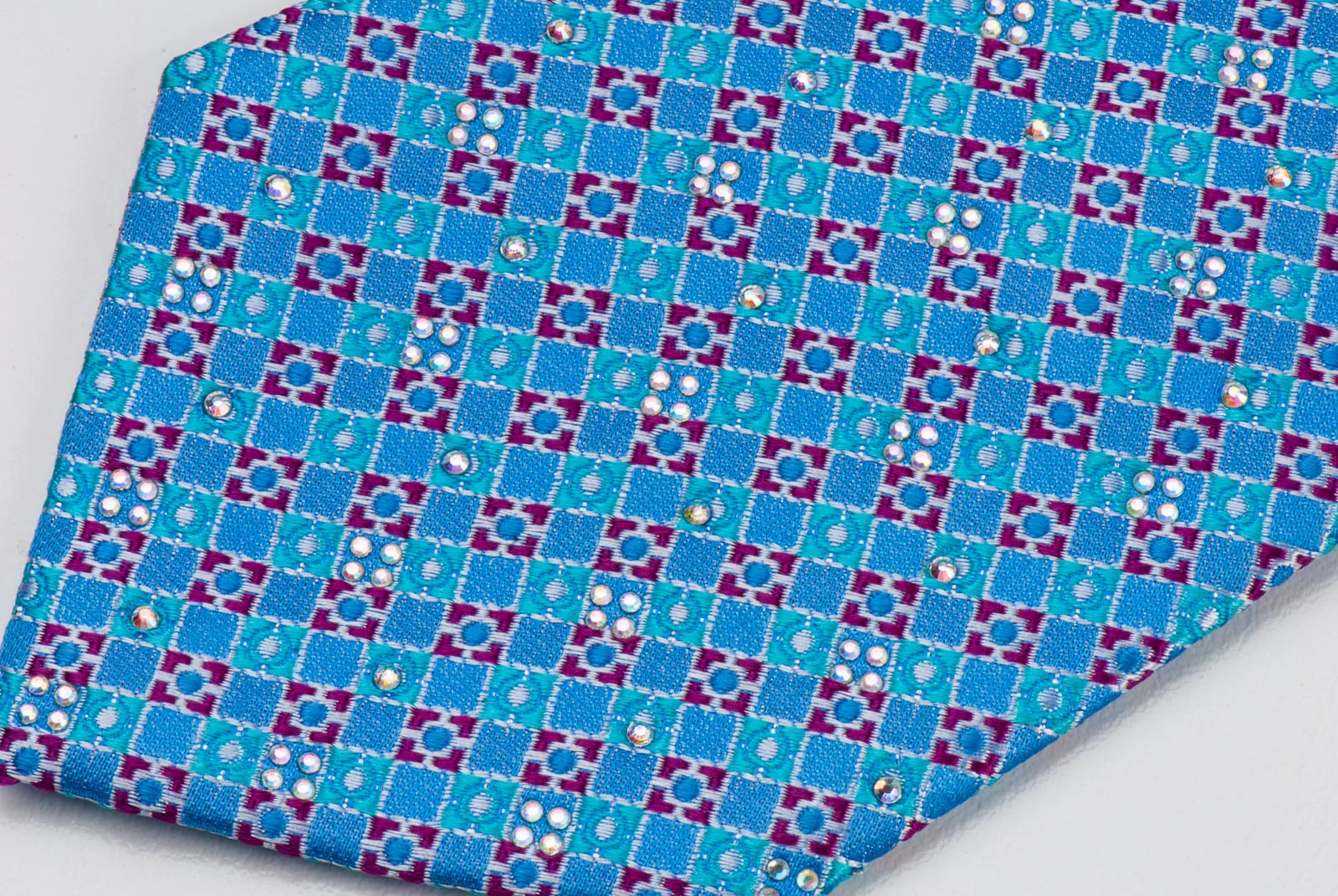 Manhatten Rhinestone Tie For Men 100% Silk Blue Red Checked Design With Silver Sparkles - Image 3