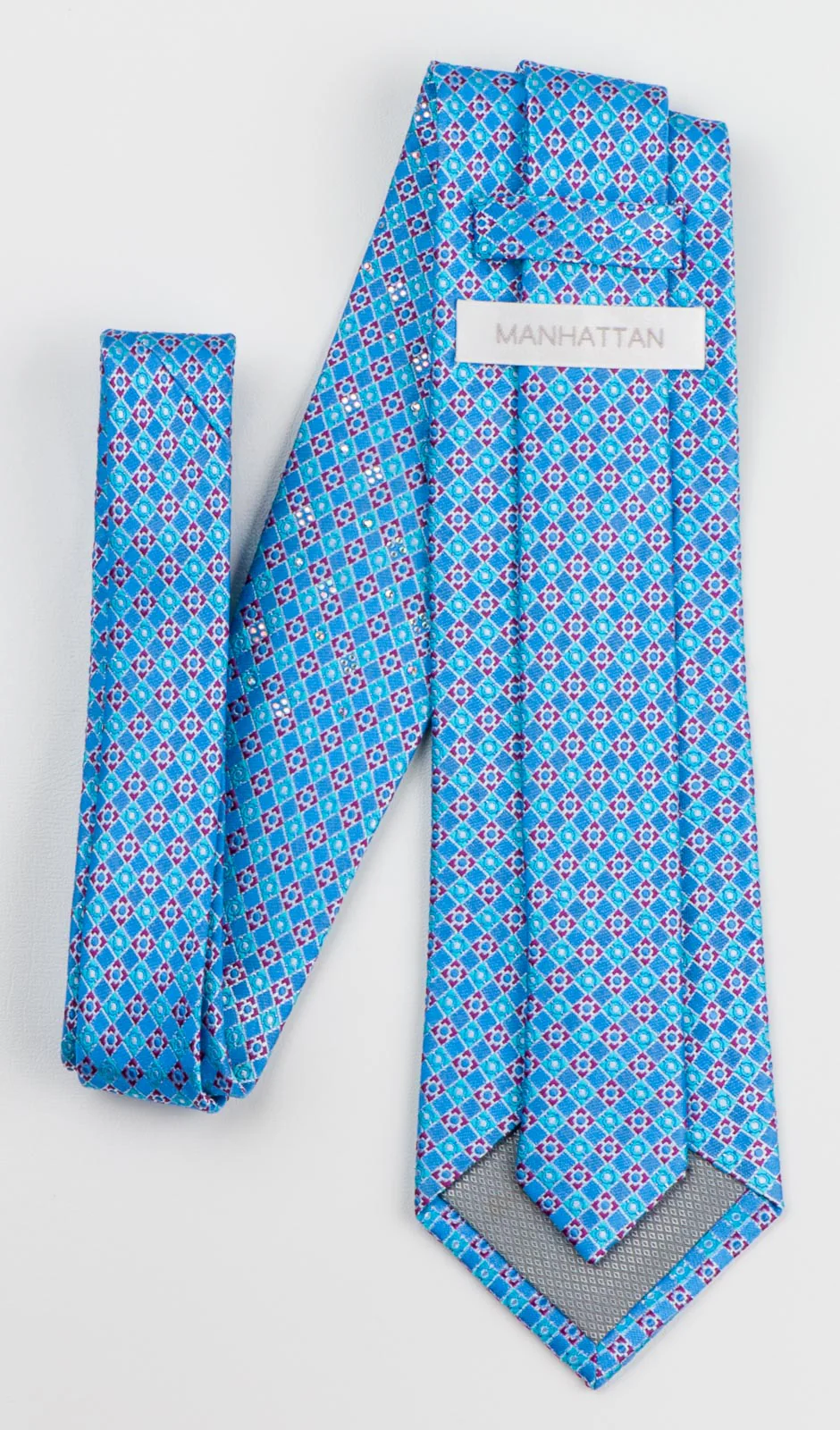 Manhatten Rhinestone Tie For Men 100% Silk Blue Red Checked Design With Silver Sparkles - Image 6