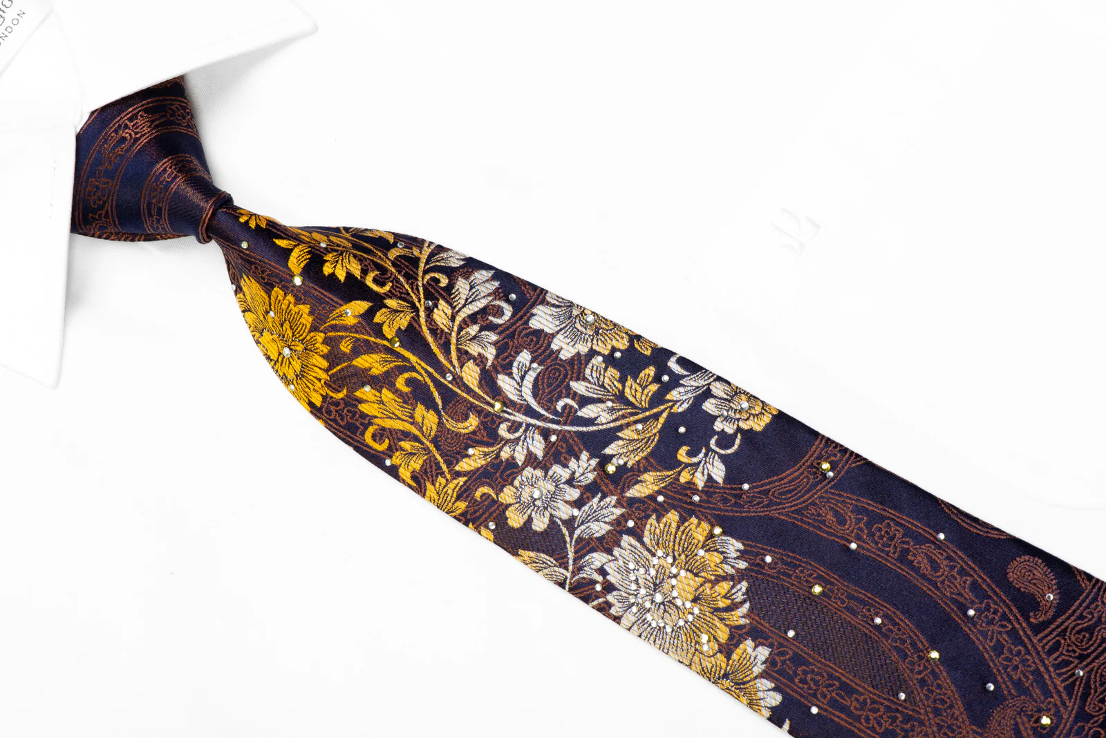 Marcucci Rhinestone Tie Gold Silver Floral On Navy With Sparkles - Image 2