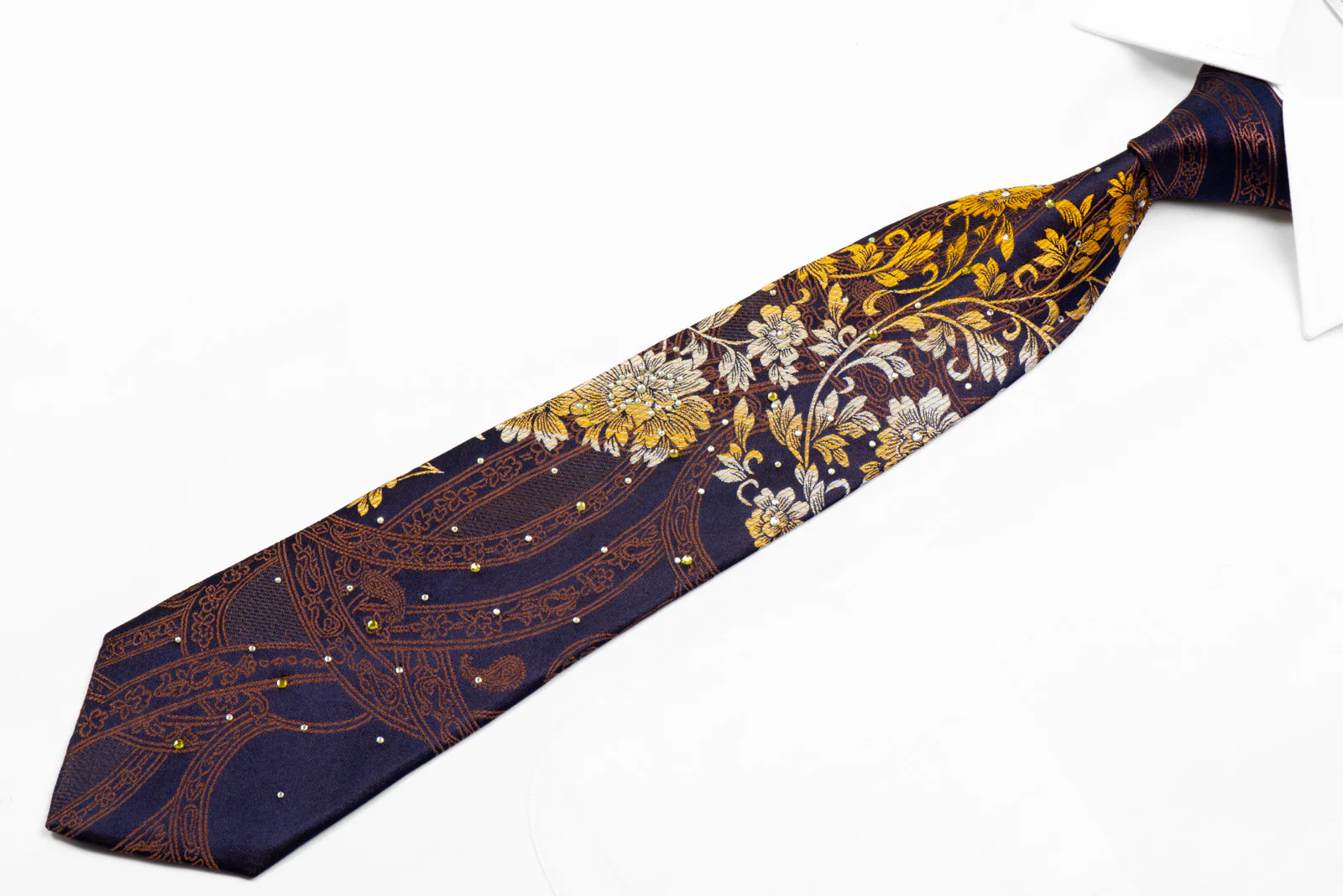 Marcucci Rhinestone Tie Gold Silver Floral On Navy With Sparkles - Image 3