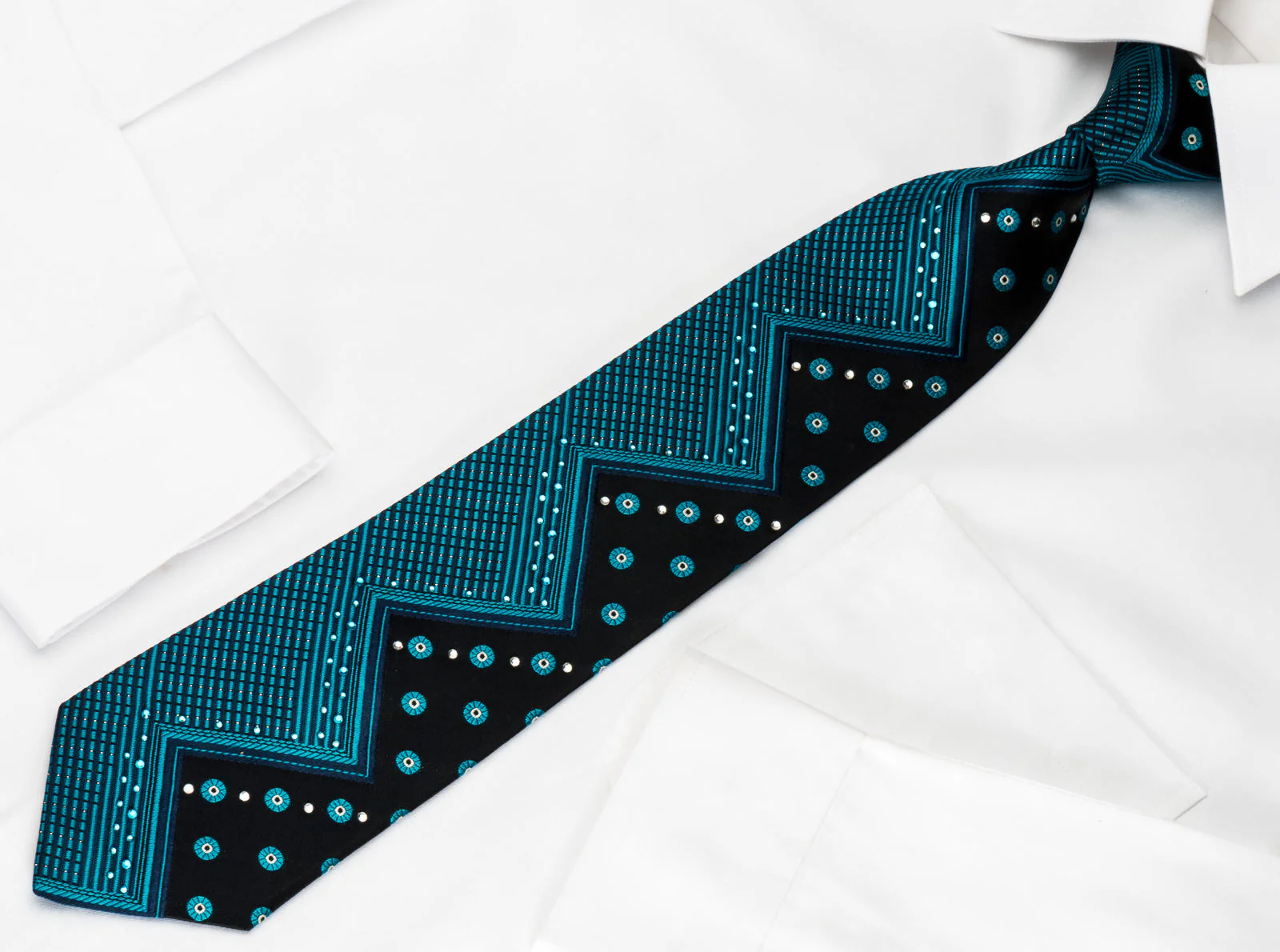 Marie Claire Silk Rhinestone Necktie Turquoise Chevron On Blue With Silver Sparkles - Image 2