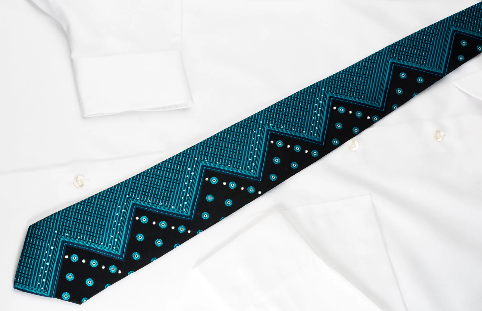 Marie Claire Silk Rhinestone Necktie Turquoise Chevron On Blue With Silver Sparkles - Image 3