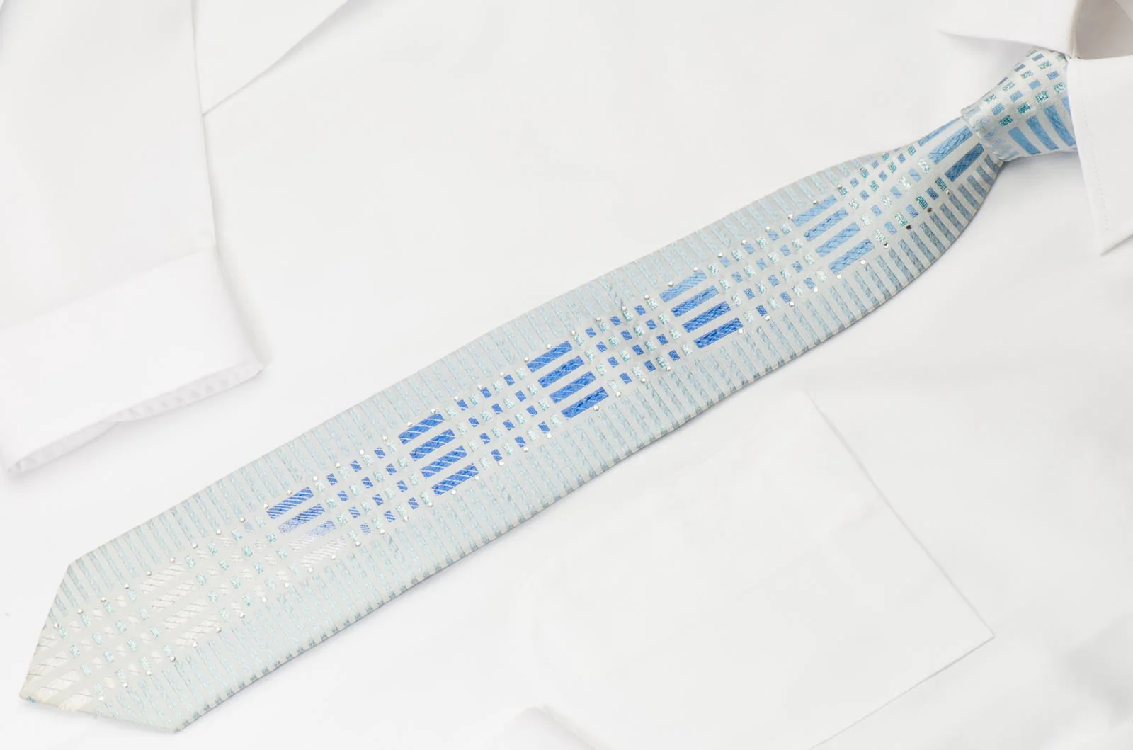Marte Silk Rhinestone Necktie Geometric On Blue With Silver Sparkles - Image 3
