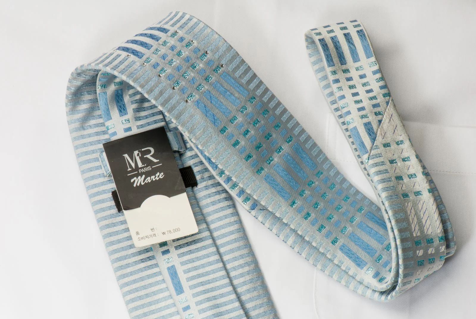 Marte Silk Rhinestone Necktie Geometric On Blue With Silver Sparkles - Image 4