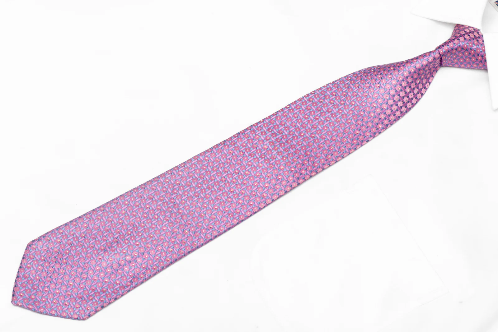 Mauve Geometric Design On Pink Rhinestone Silk Tie With Sparkles - Image 2