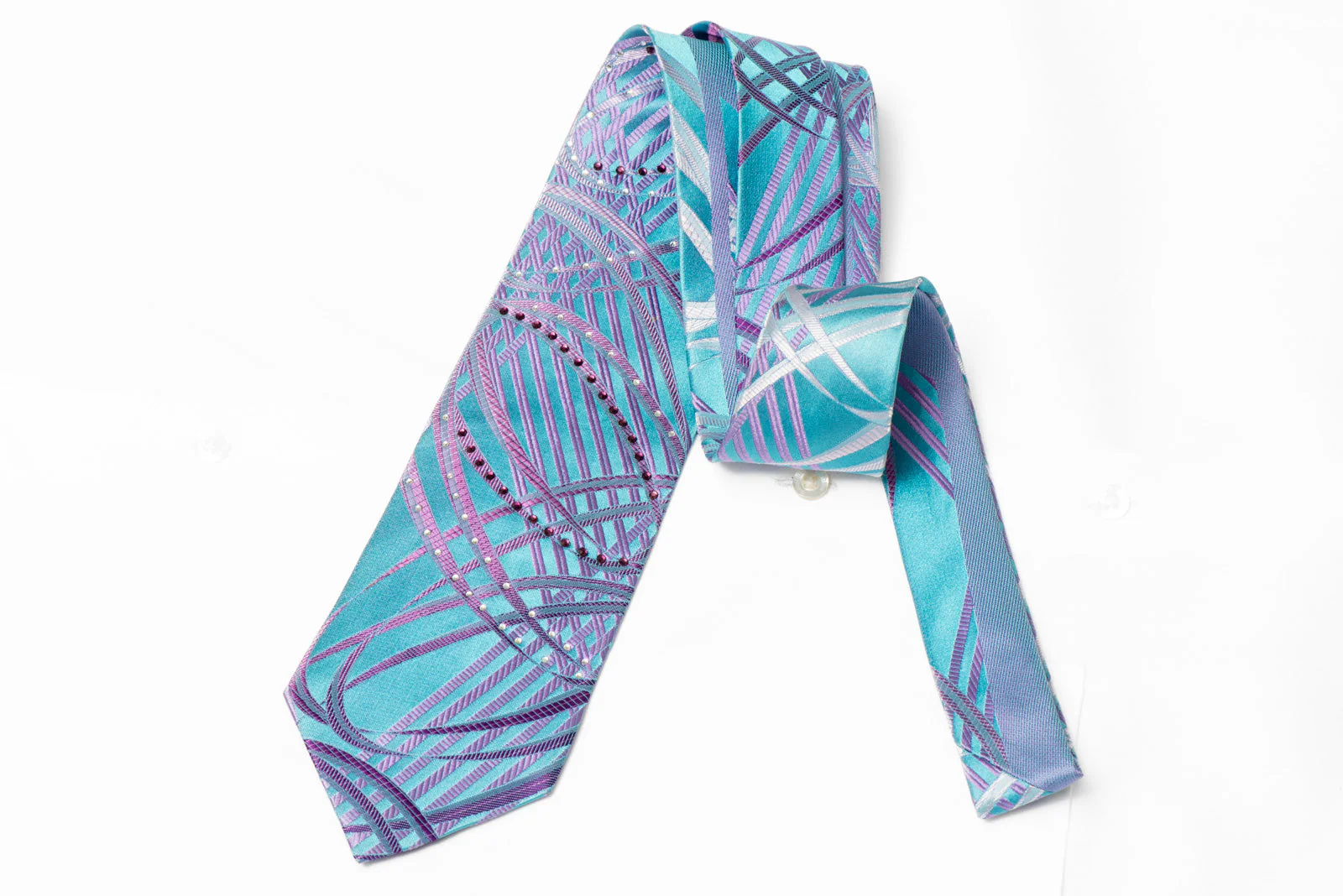 Mauve Geometric On Cerulean Blue Rhinestone Silk Tie With Blue Sparkles - Image 3