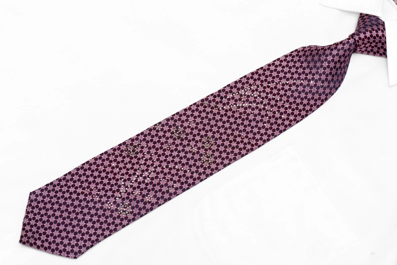 Mauve Geometric On Navy Rhinestone Silk Tie With Silver Sparkles - Image 2