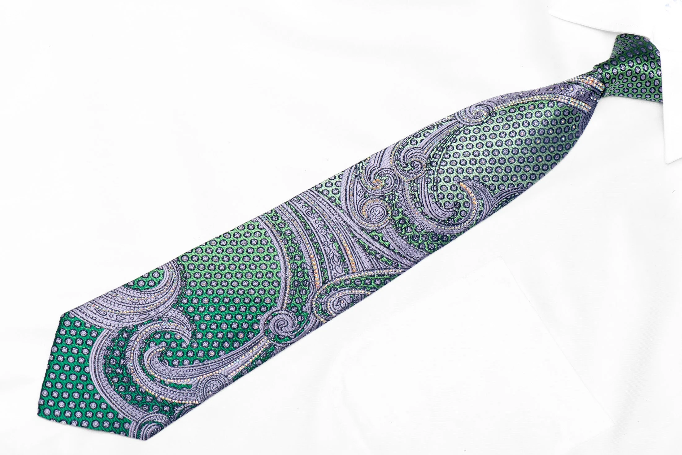 Mauve Paisley On Teal Rhinestone Silk Necktie With Sparkles - Image 2