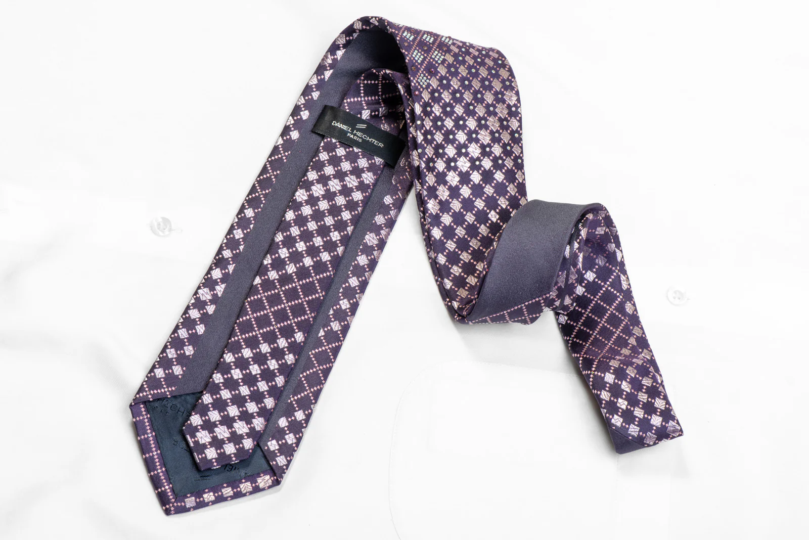 Mauve Pink Geometric On Navy Rhinestone Silk Necktie With Silver Sparkles - Image 4