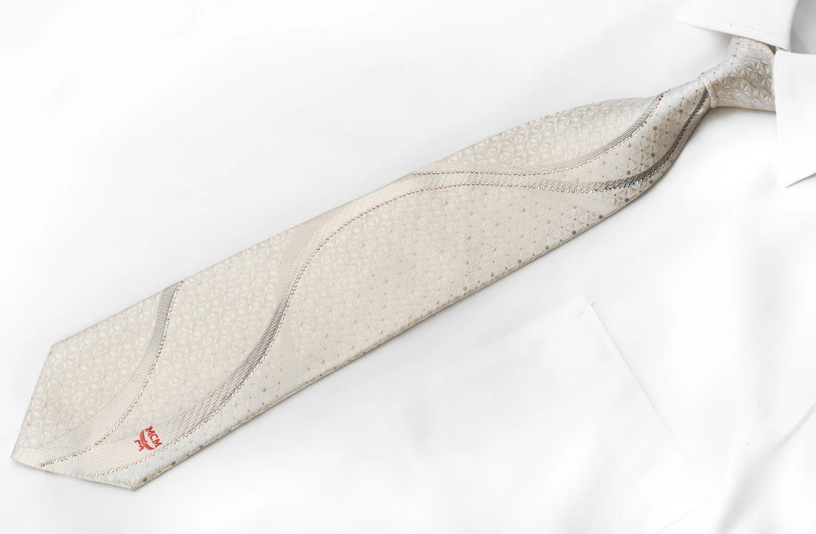 MCM Men's Crystal Tie Waves On White Silk Sparkling With Rhinestones - Image 2