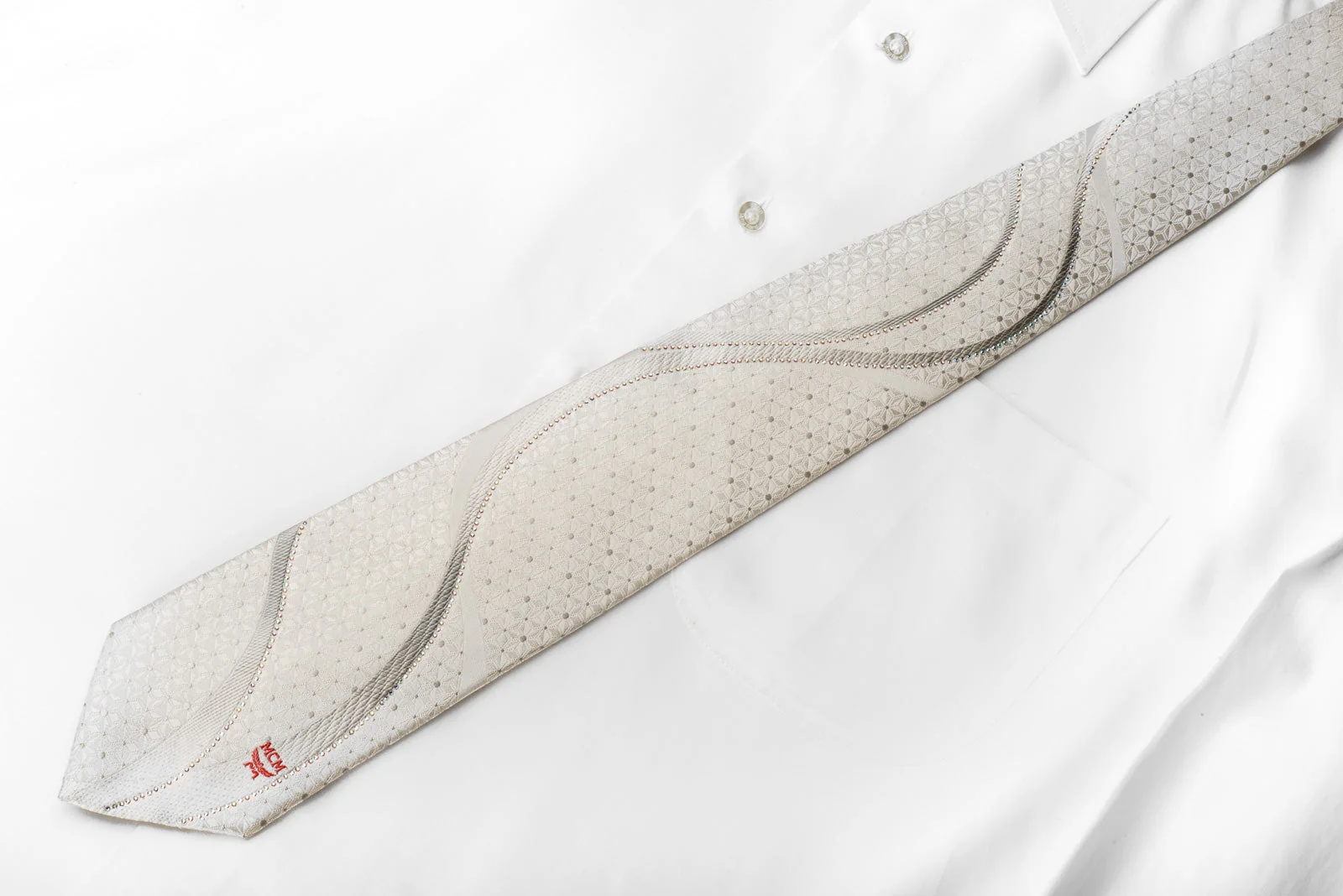 MCM Men's Crystal Tie Waves On White Silk Sparkling With Rhinestones - Image 3