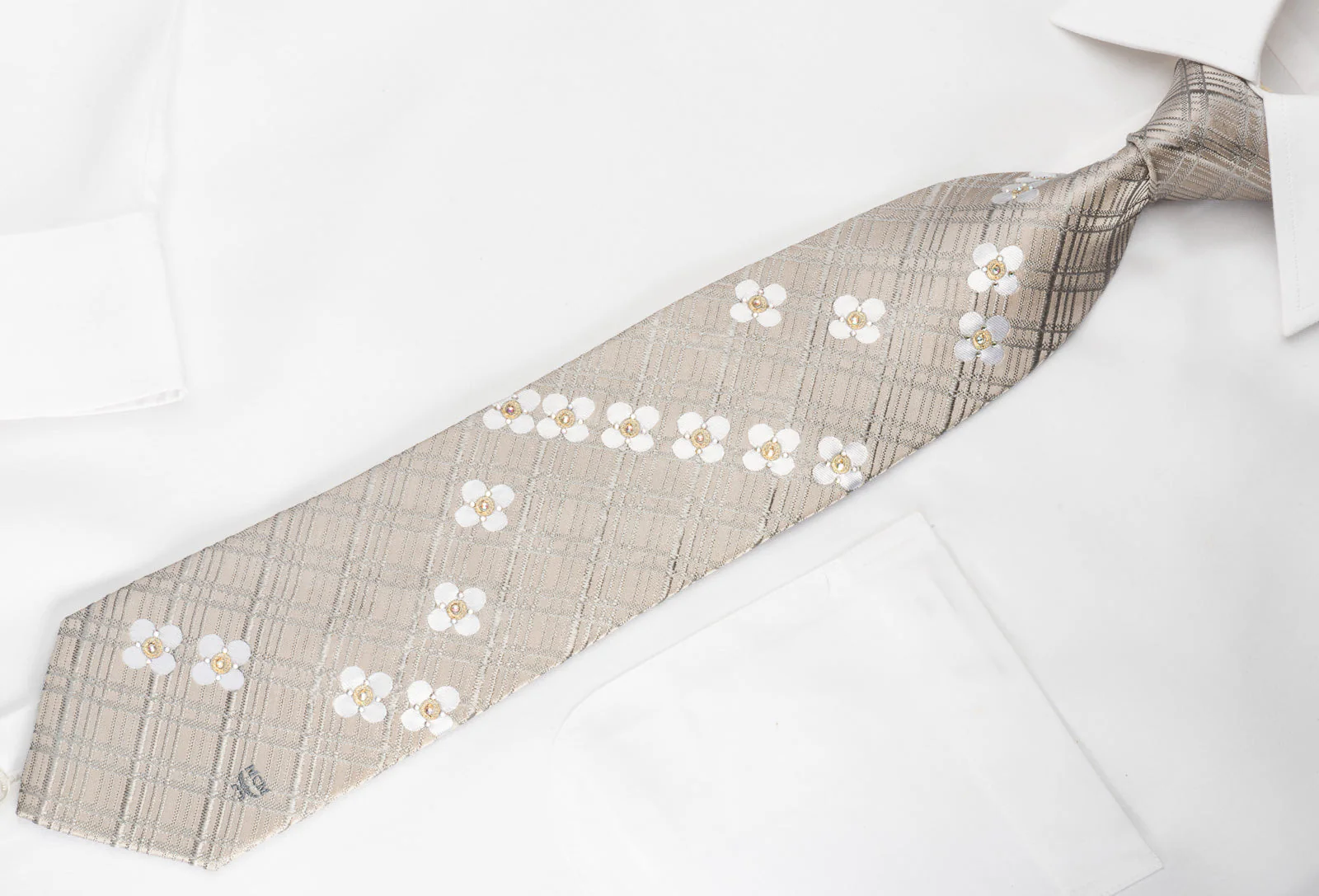 MCM Rhinestone Silk Necktie Floral On Cream Silver With Gold Sparkles - Image 3