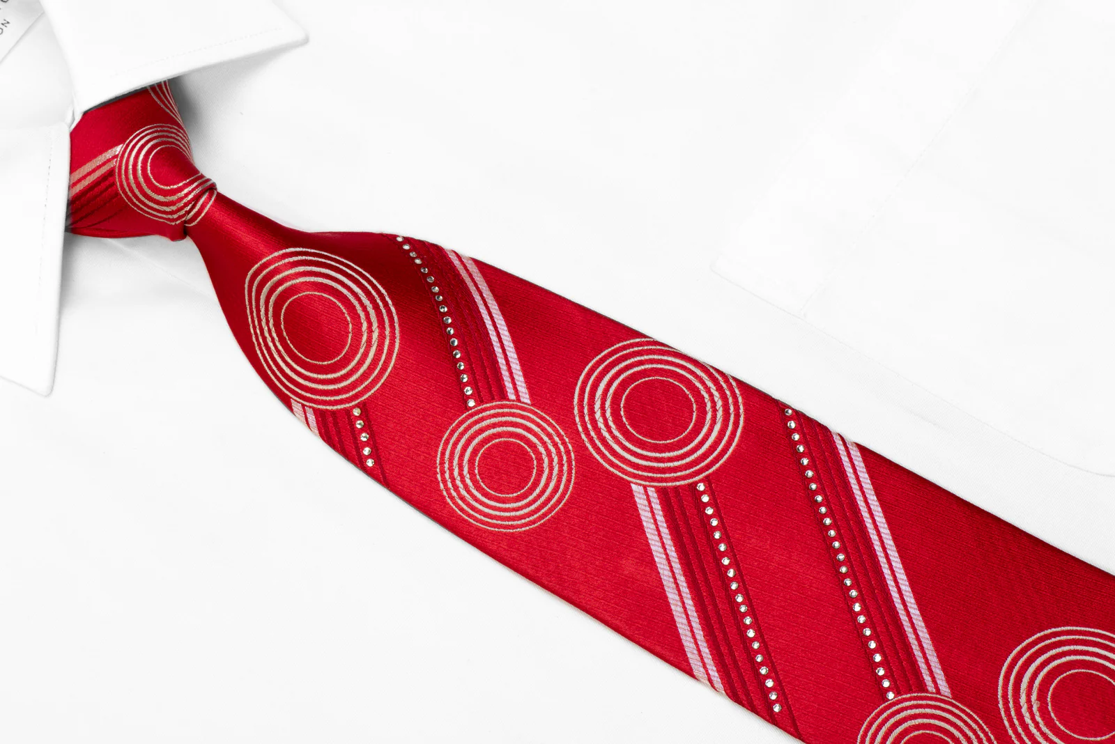 MCM Rhinestone Silk Necktie Geometric & Striped On Red - Image 2