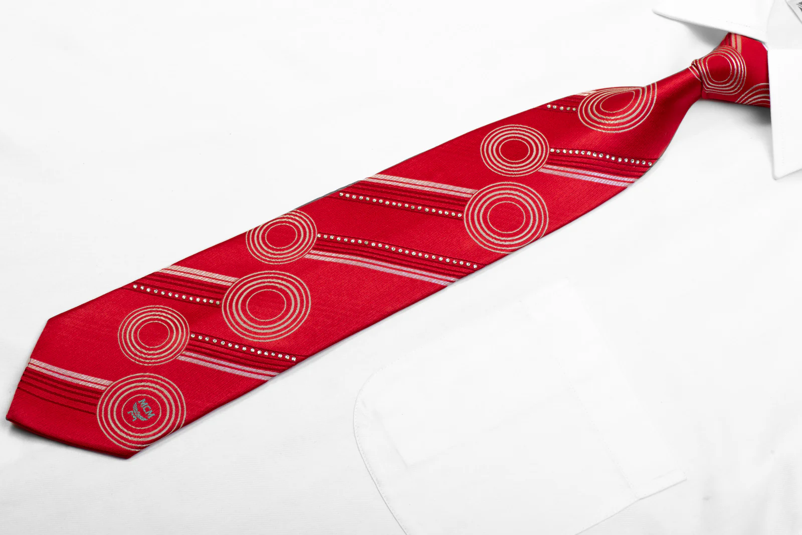 MCM Rhinestone Silk Necktie Geometric & Striped On Red - Image 3