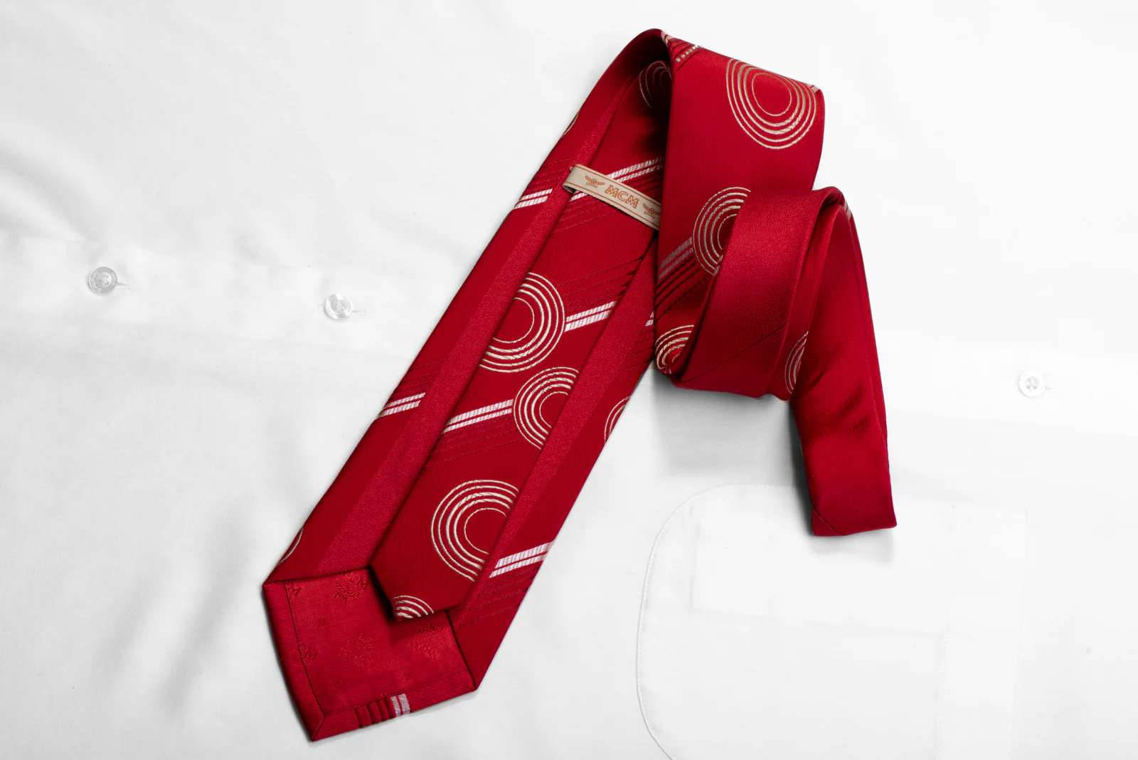 MCM Rhinestone Silk Necktie Geometric & Striped On Red - Image 4
