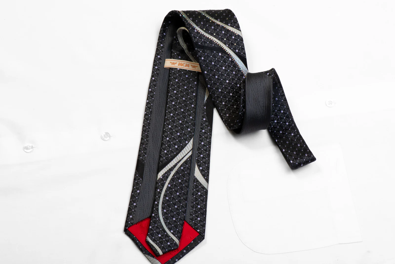 MCM Rhinestone Silk Necktie Silver Wave Geometric On Black - Image 4
